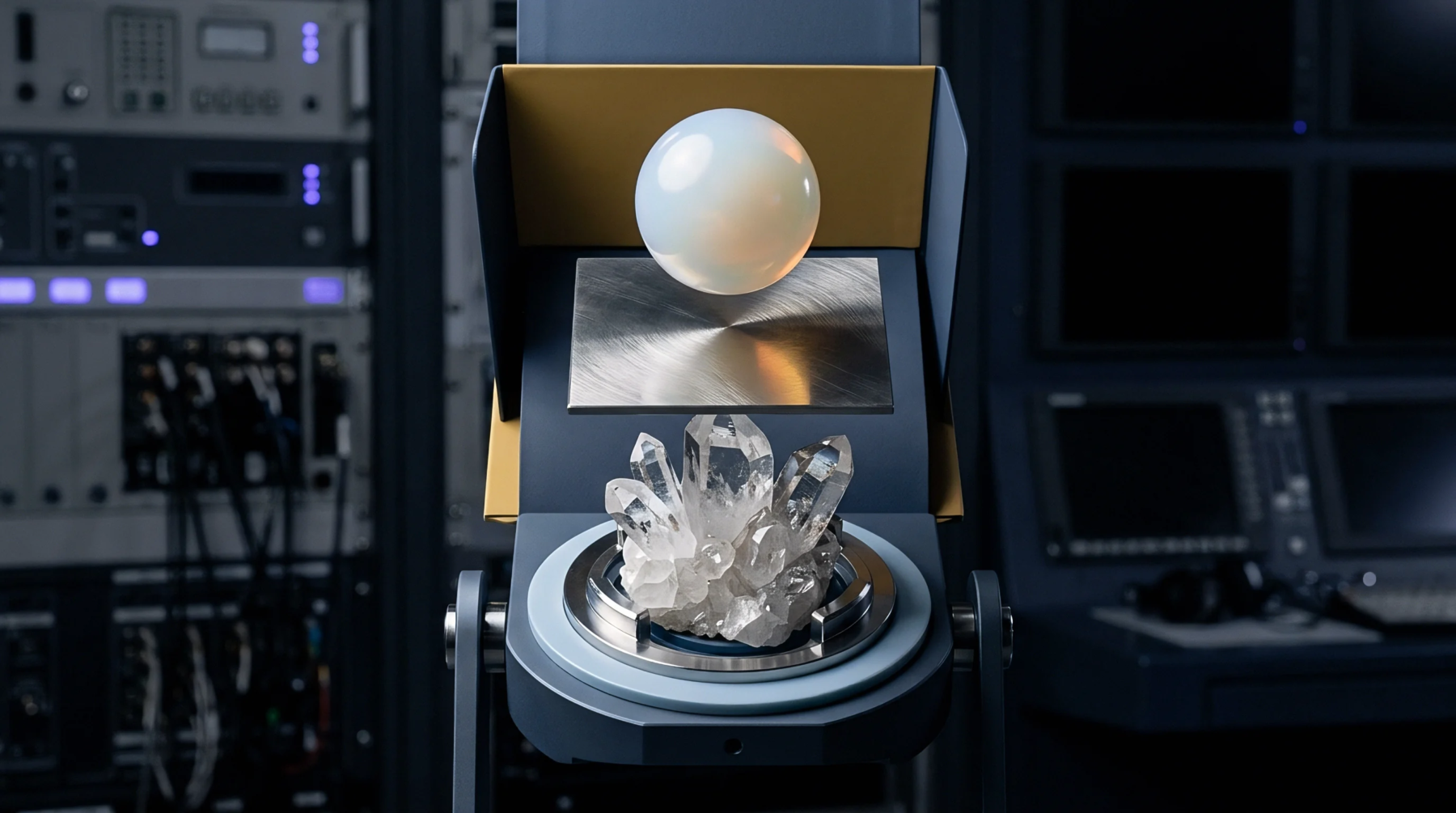 Quartz clusters and a levitating sphere occupy a high accuracy visual scanner and material analysis apparatus in this digital illustration.