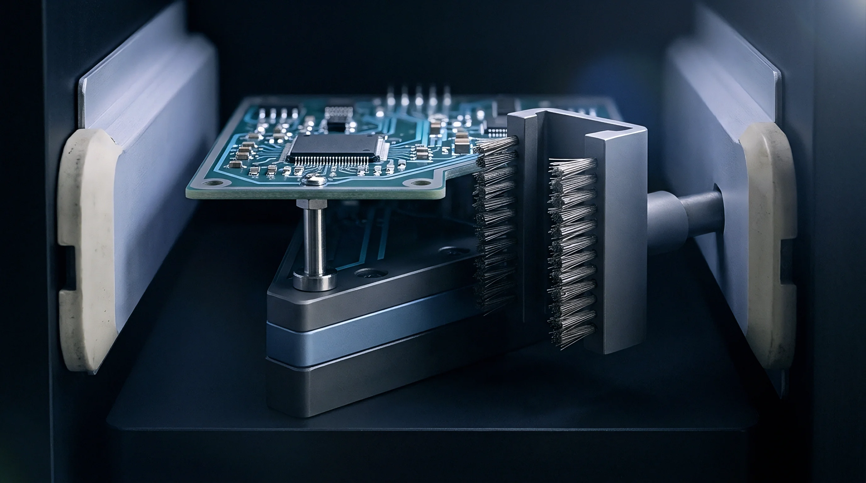 A three dimensional render shows a double sided ESD brush mechanism cleaning the edge of a printed circuit board on a fixture.