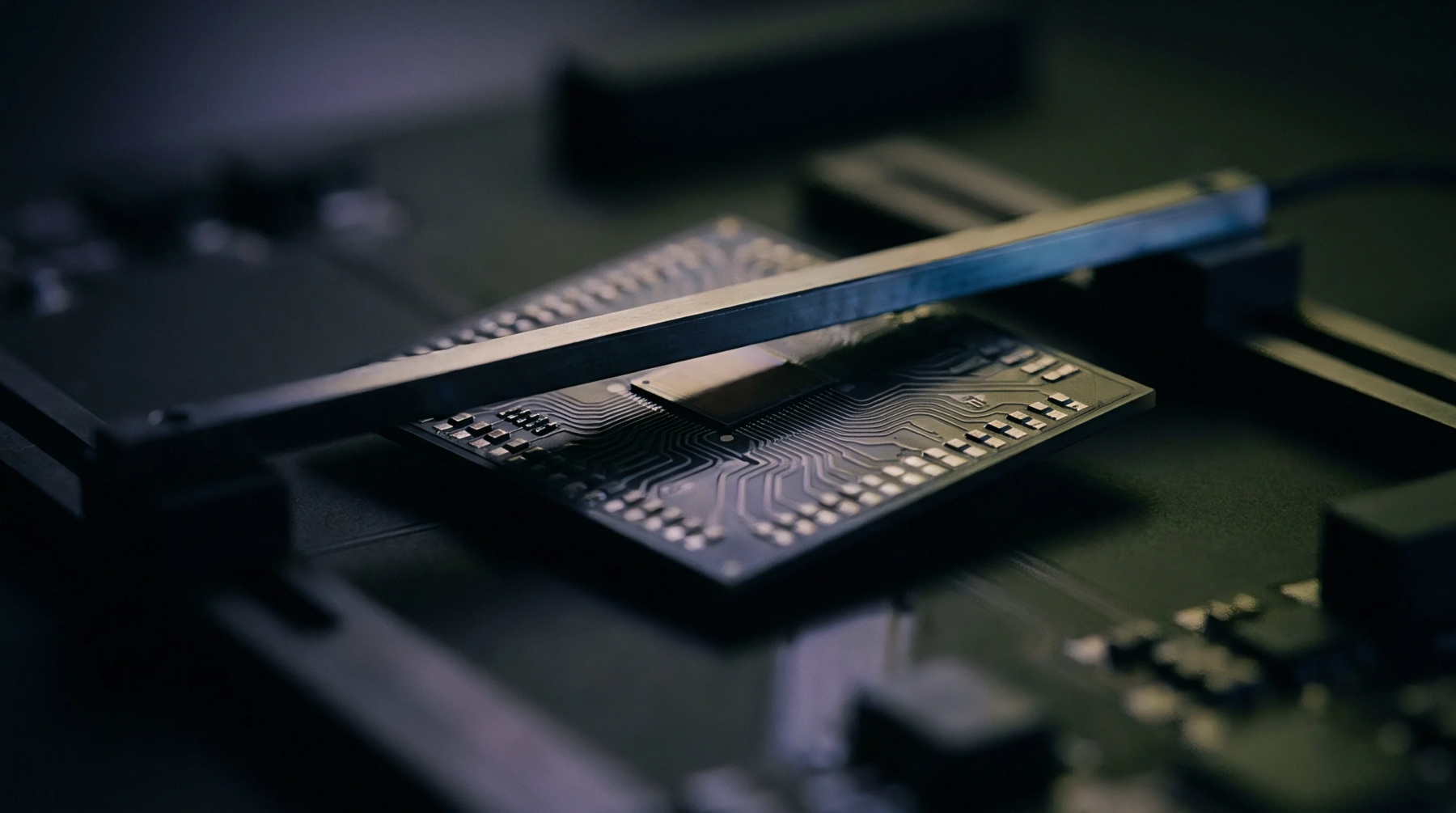 A metallic probe hovers over a detailed integrated circuit package positioned on a dark circuit board substrate during manufacturing.