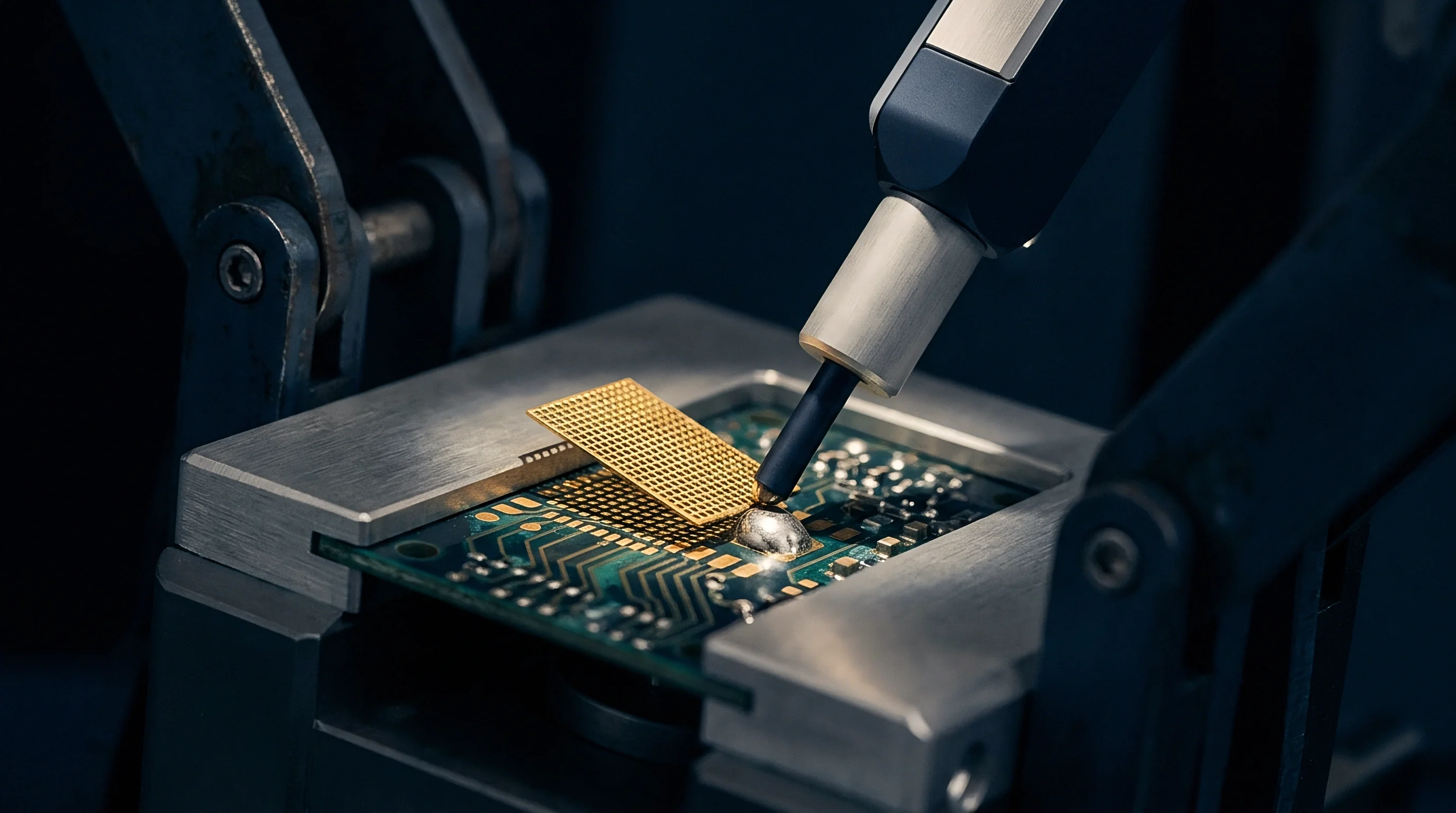 An automated arm with a precision tip applies localized heat to a gold-plated multi-pin component positioned on a clamped circuit board.