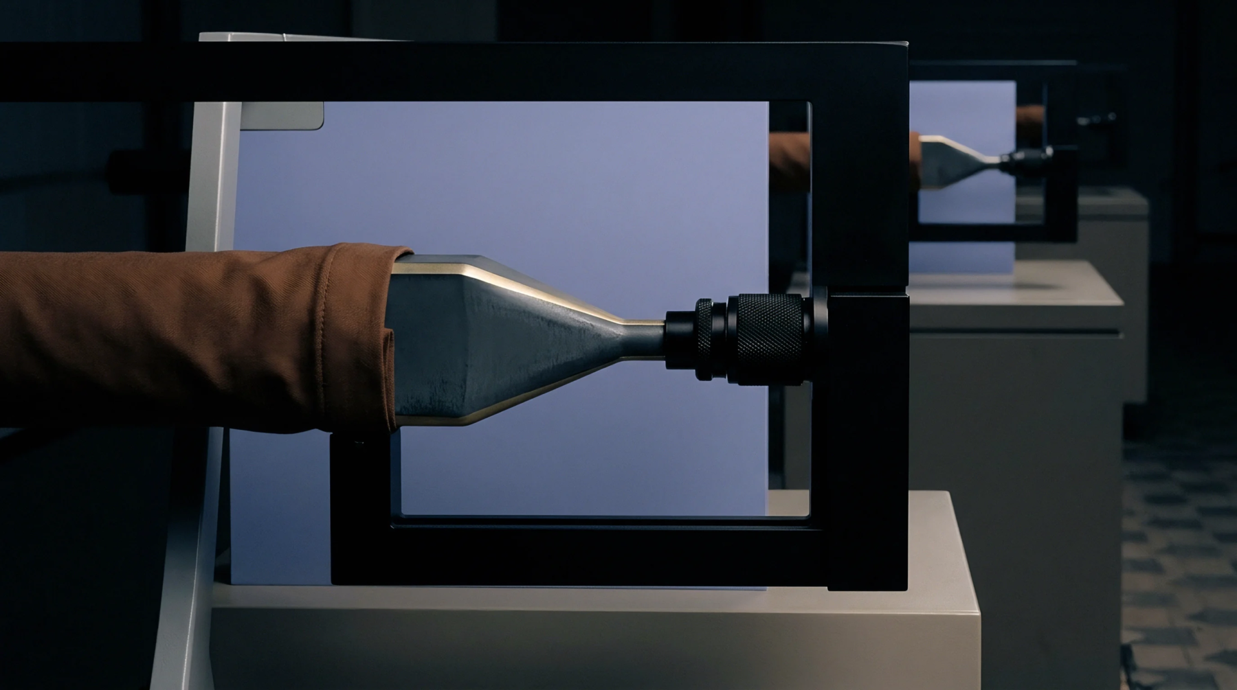 Robotic probes with metallic nozzles position within dark frames before pale blue panels in a clean manufacturing line environment for electronic component processing.
