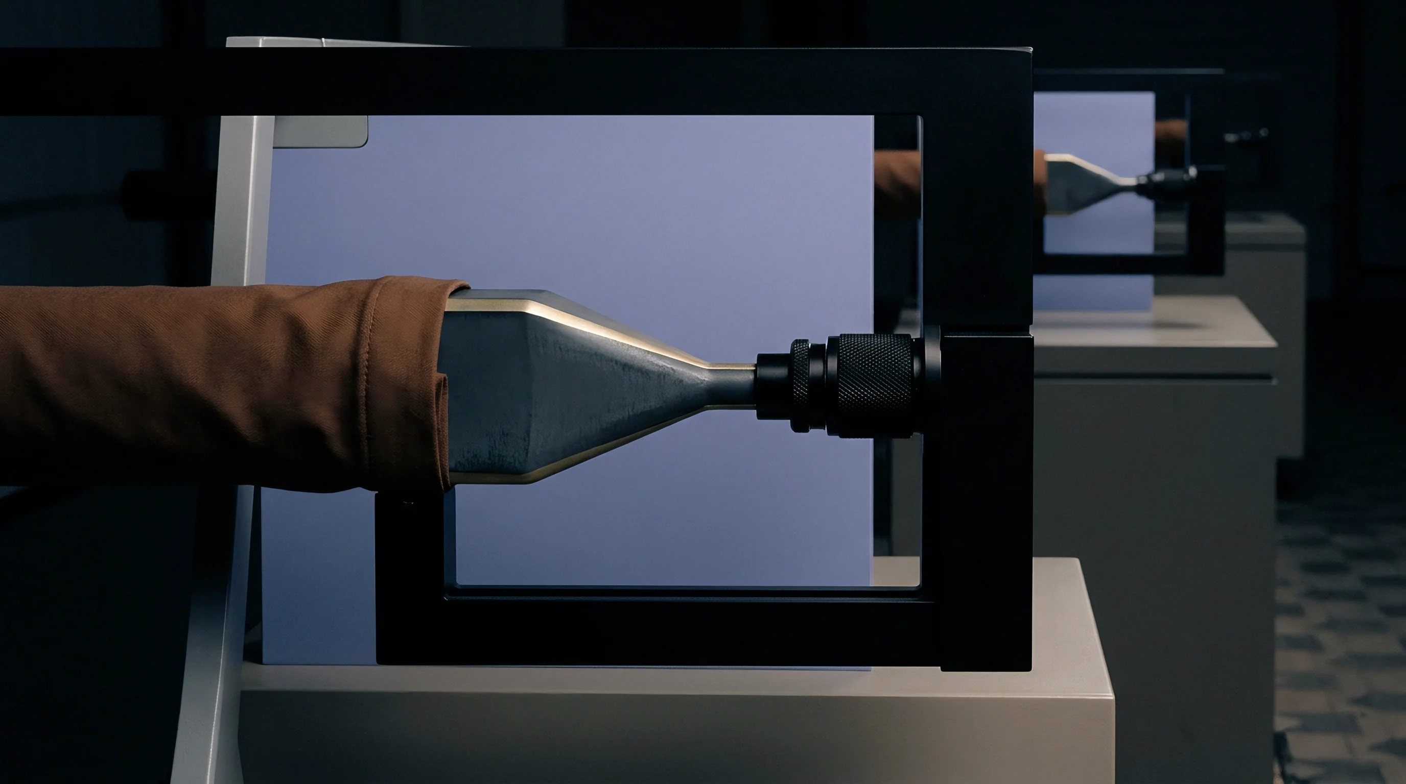 Robotic probes with metallic nozzles position within dark frames before pale blue panels in a clean manufacturing line environment for electronic component processing.