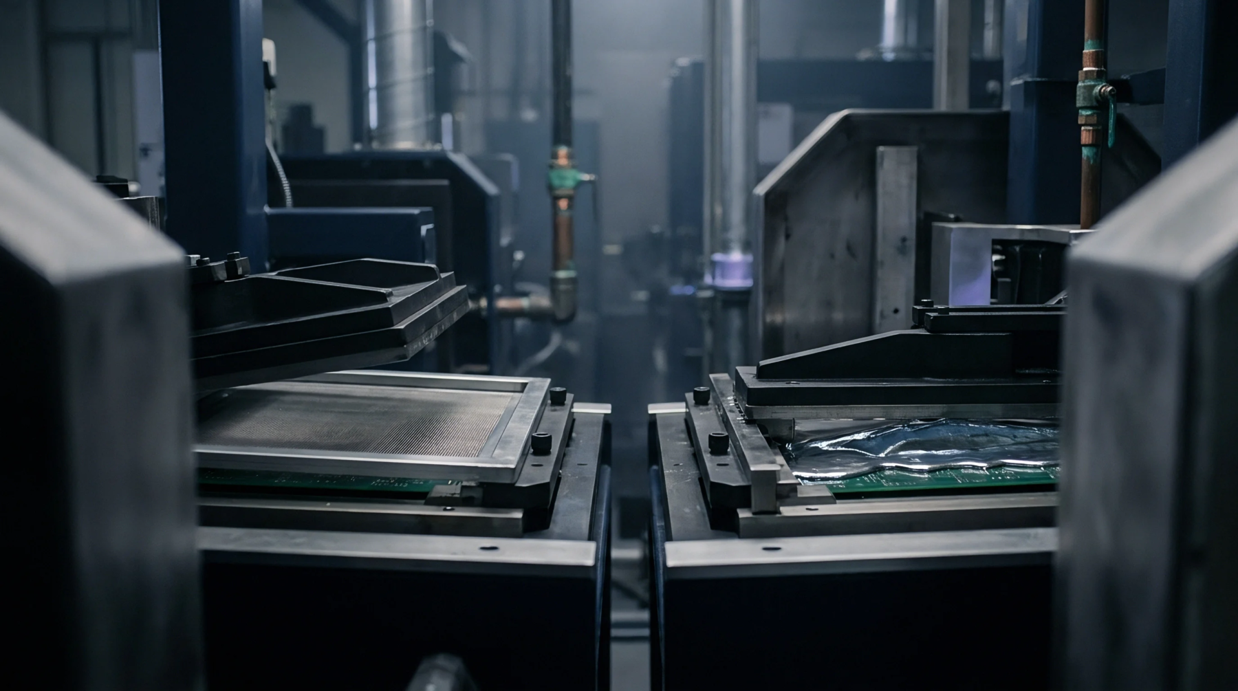 Industrial machinery positions a stencil above a printed circuit board while an adjacent module demonstrates solder paste application onto the electronic components.