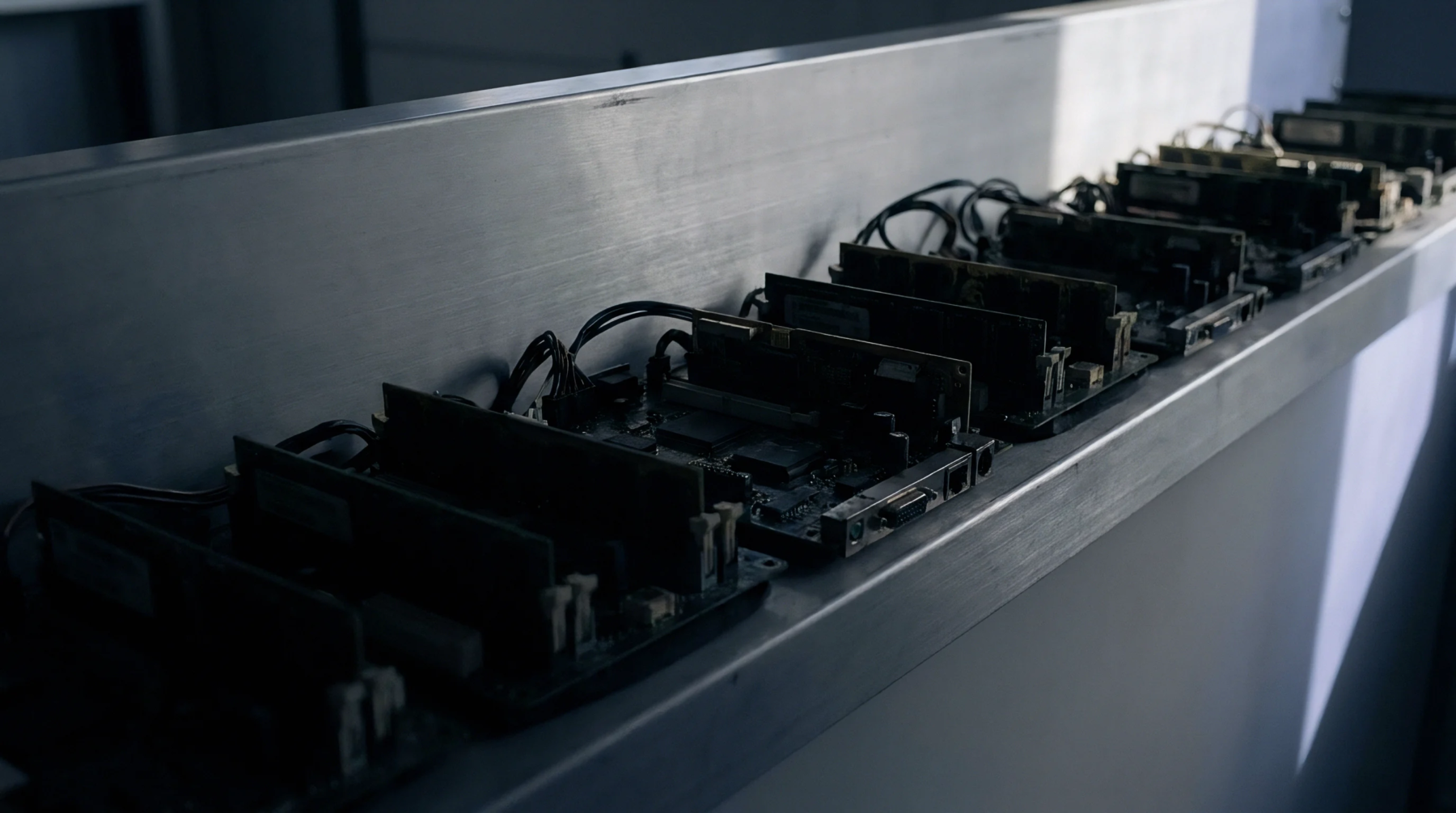 Multiple printed circuit board assemblies with attached wiring harnesses rest in a row along a brushed stainless steel assembly surface.