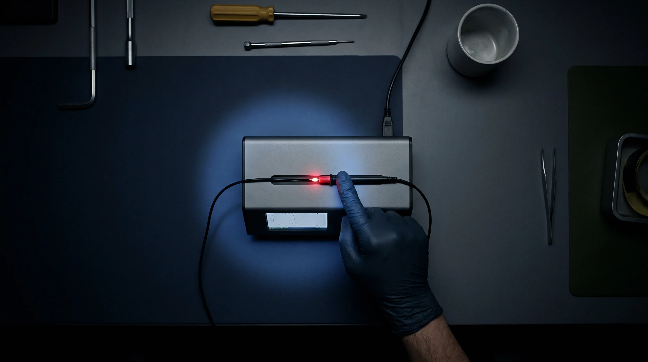 A gloved hand presses a diagnostic test probe into an electronic instrument resting on a grey workbench surface.