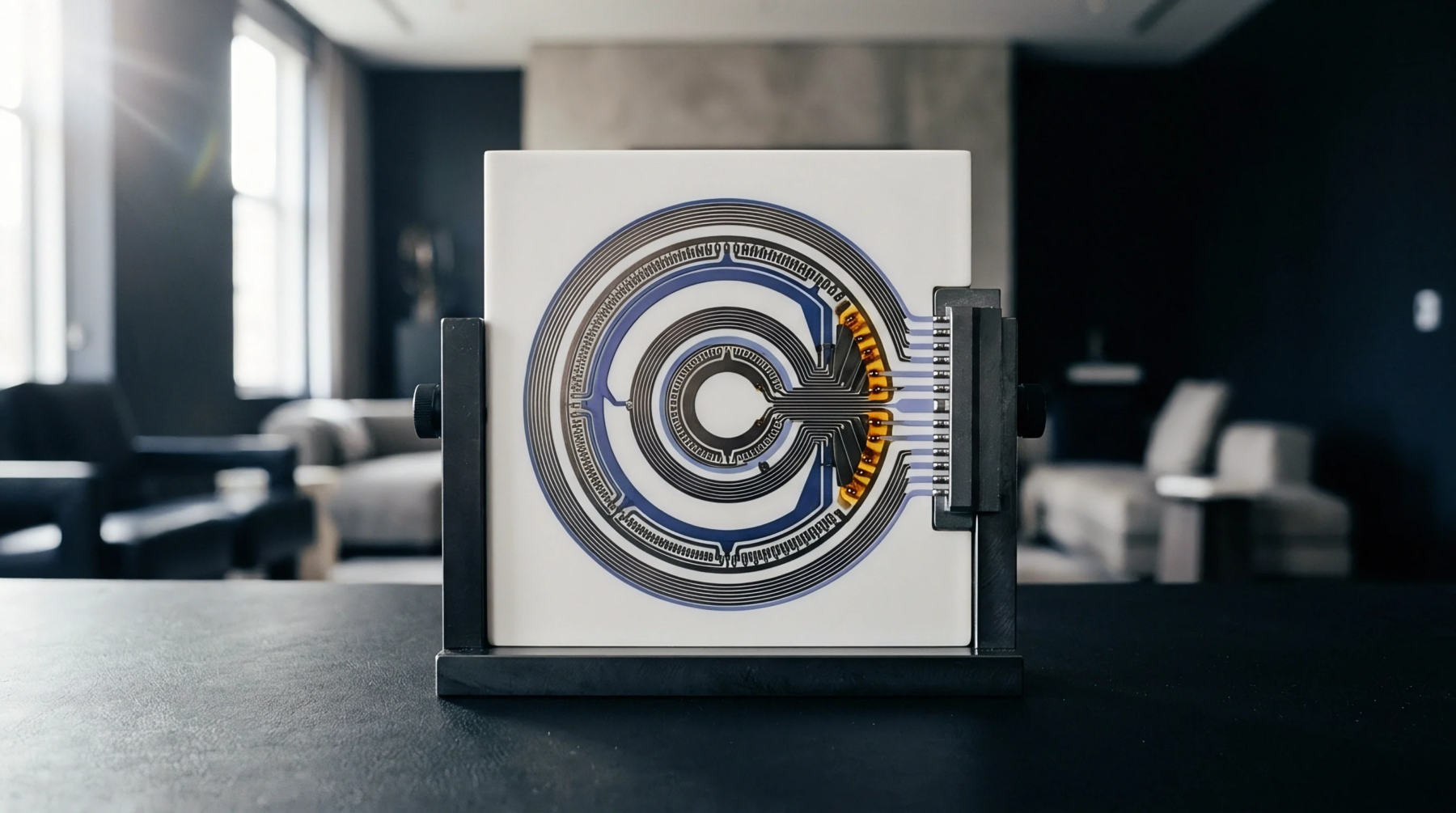 A circular printed circuit board assembly with intricate concentric traces and a multi-pin connector is presented on a stand.