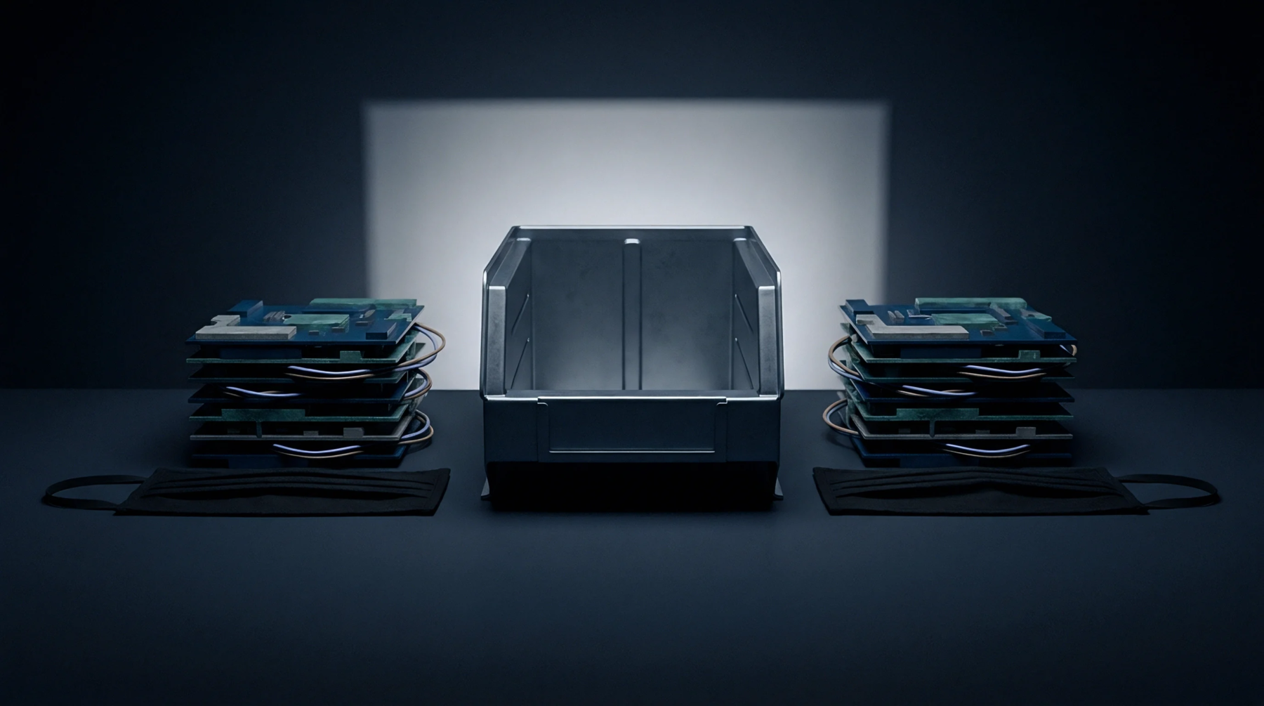 A metal storage bin sits between two stacks of printed circuit boards and protective masks on a dark workbench.