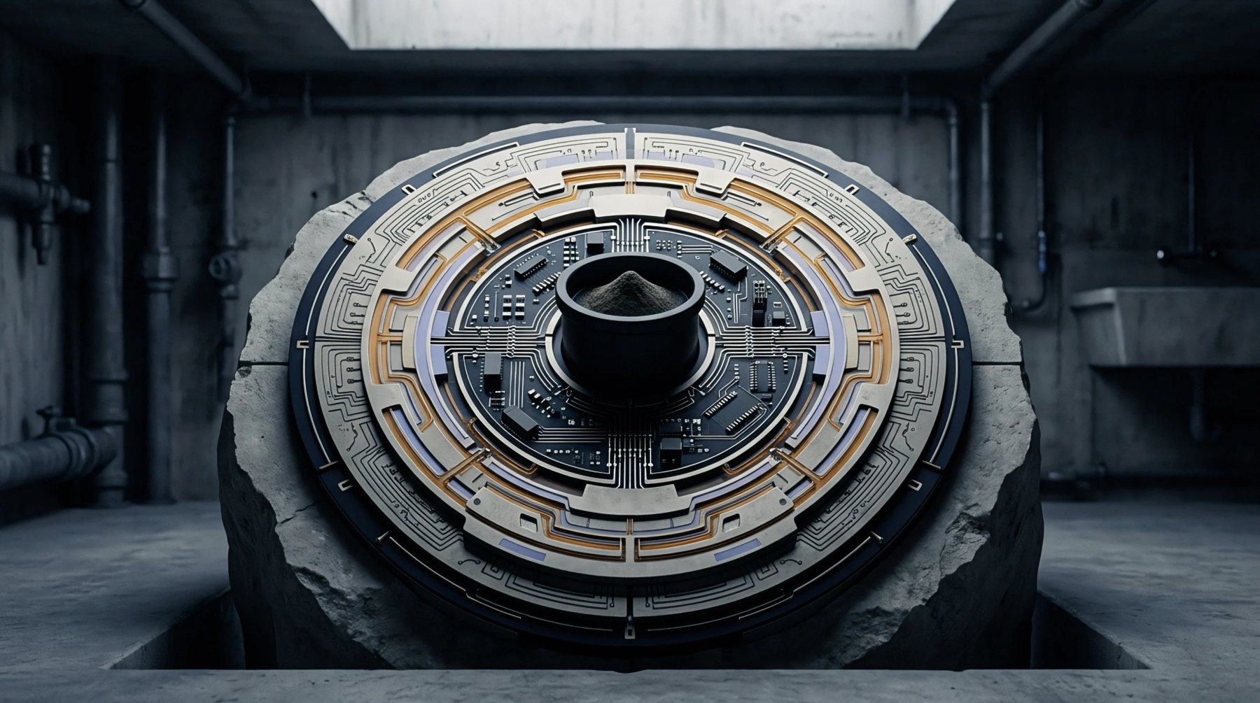 Render shows a large concentric circular circuit array embedded in stone inside a concrete industrial chamber containing metal pipes and plumbing fixtures.