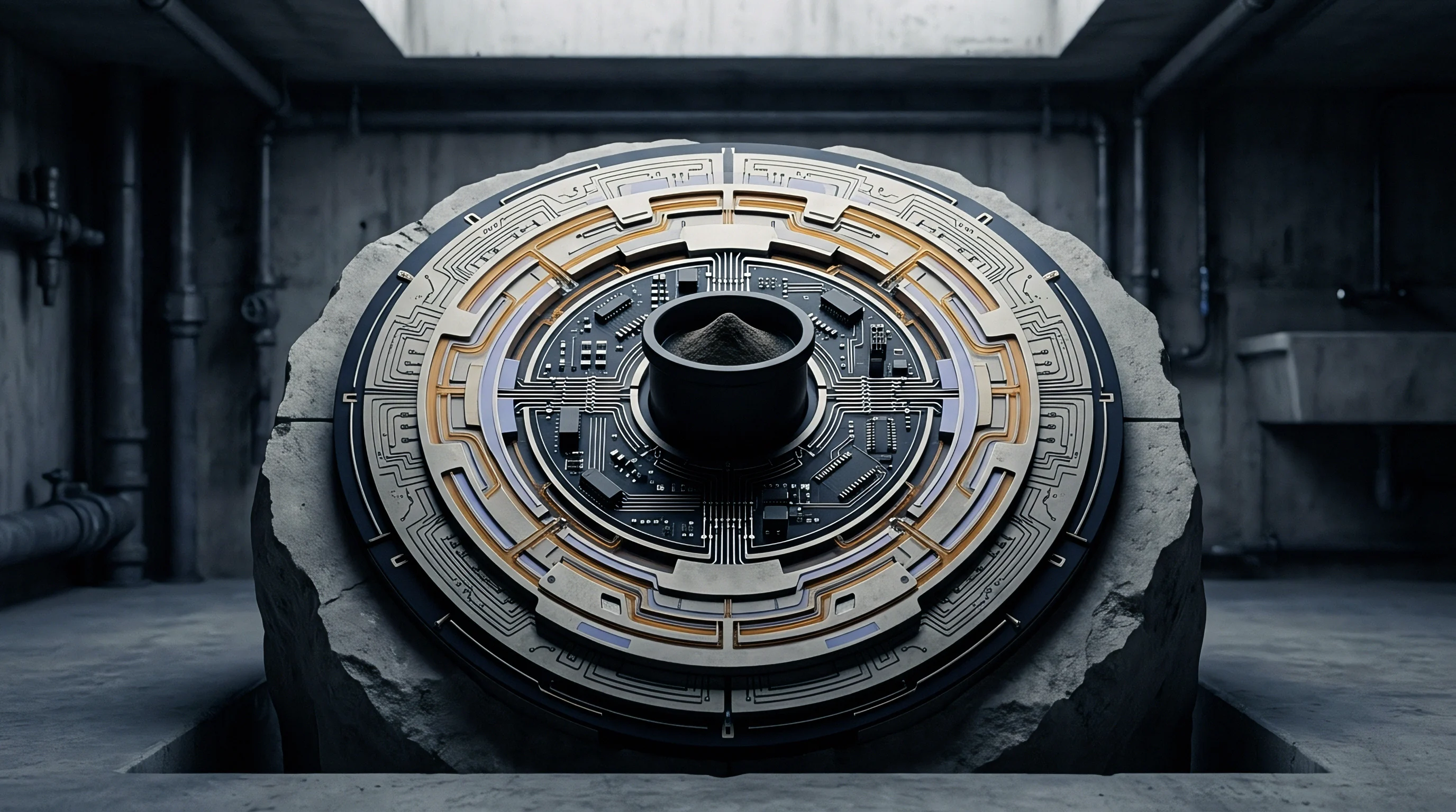 Render shows a large concentric circular circuit array embedded in stone inside a concrete industrial chamber containing metal pipes and plumbing fixtures.