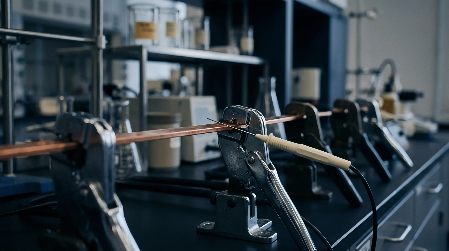 This laboratory scene shows a copper busbar secured by multiple test clamps and being touched by a precision probe, indicating an electrical measurement process.