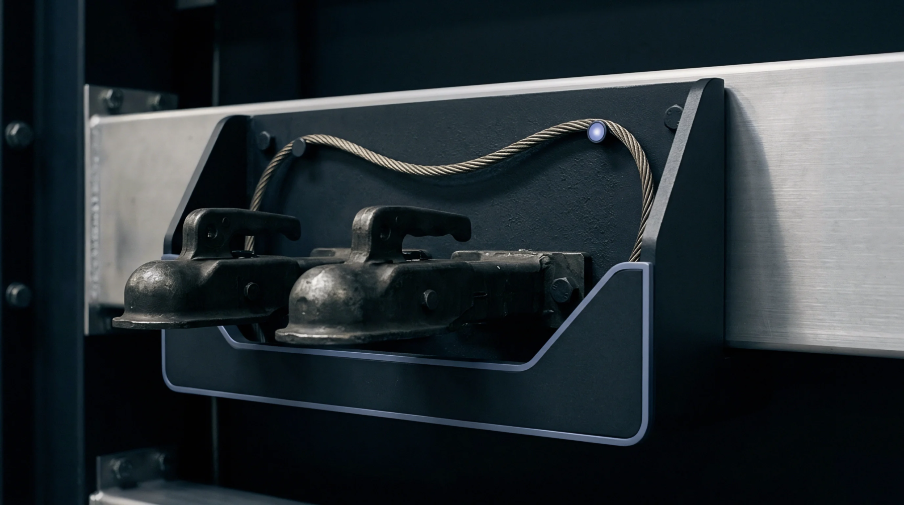 Two metal trailer couplers sit in a dark bracket equipped with a steel wire sensor cable mounted on a structural aluminum rail.