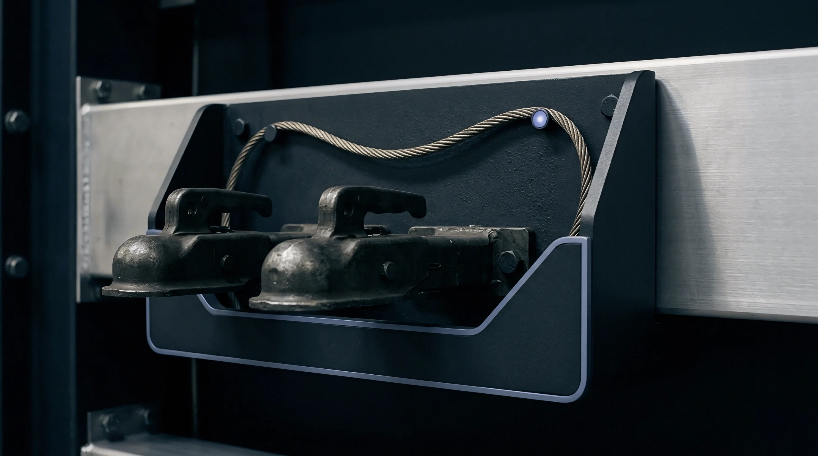 Two metal trailer couplers sit in a dark bracket equipped with a steel wire sensor cable mounted on a structural aluminum rail.