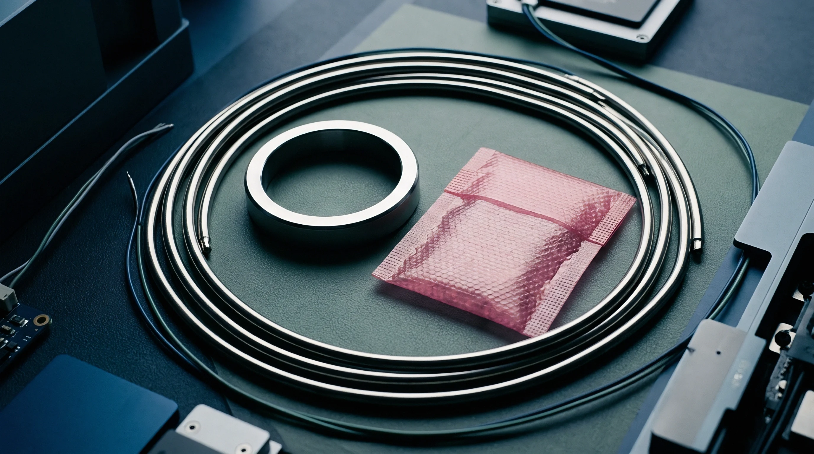 Several concentric metal tubes surround a single ring and a pink bubble wrap pouch on a green inspection mat inside a lab.