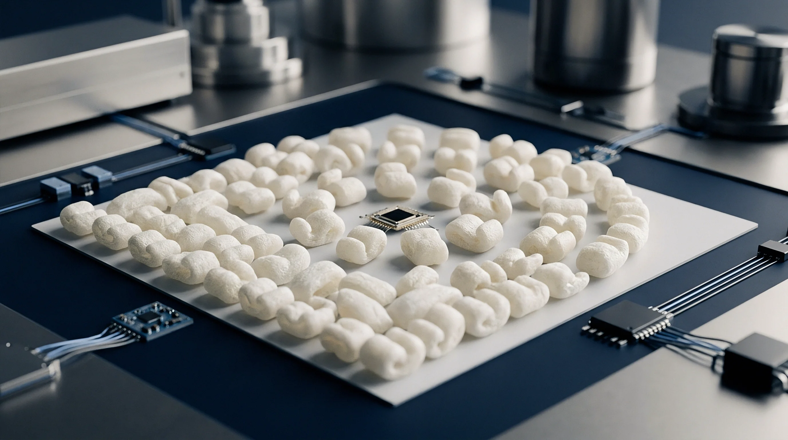 A stylized render depicts a central integrated circuit surrounded by numerous organic white modules on a clean test substrate, connected to peripheral electronic components.