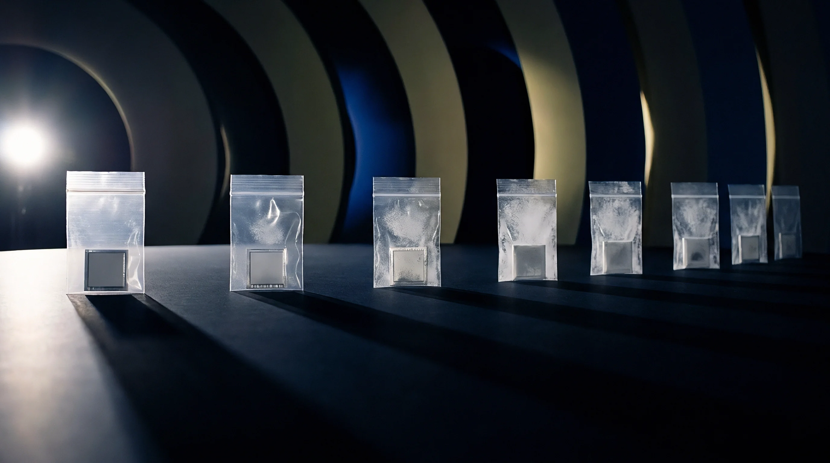 A line of small plastic bags holds electronic components showing increasing white particulate residue in a controlled testing environment.
