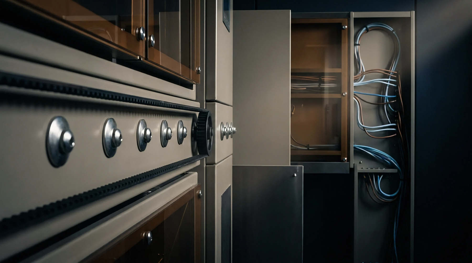 A digital render presents grey industrial electronics production machinery featuring a modular assembly rail and an open cabinet containing structured internal wiring harnesses.