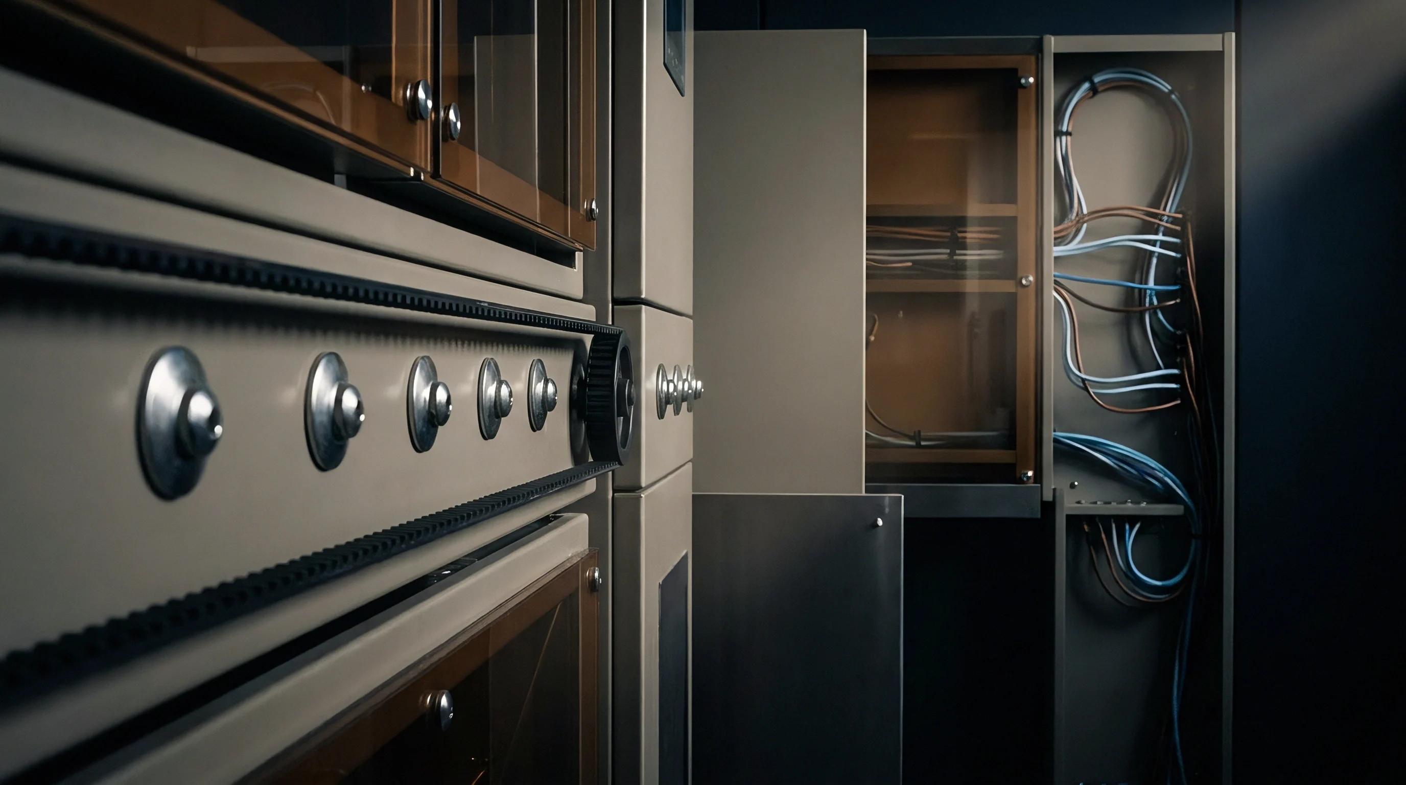 A digital render presents grey industrial electronics production machinery featuring a modular assembly rail and an open cabinet containing structured internal wiring harnesses.
