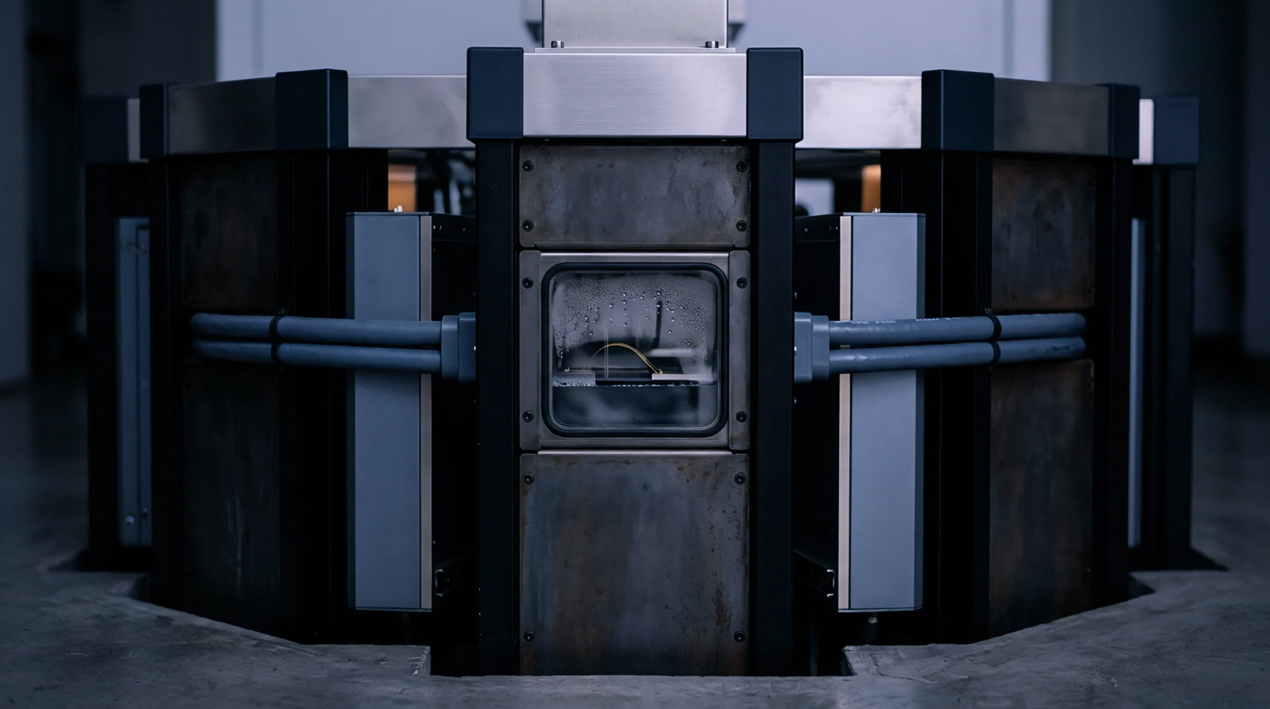 A specialized heavy duty vacuum chamber with metallic panels and thick grey conduits stands recessed within a concrete floor in an industrial production facility.
