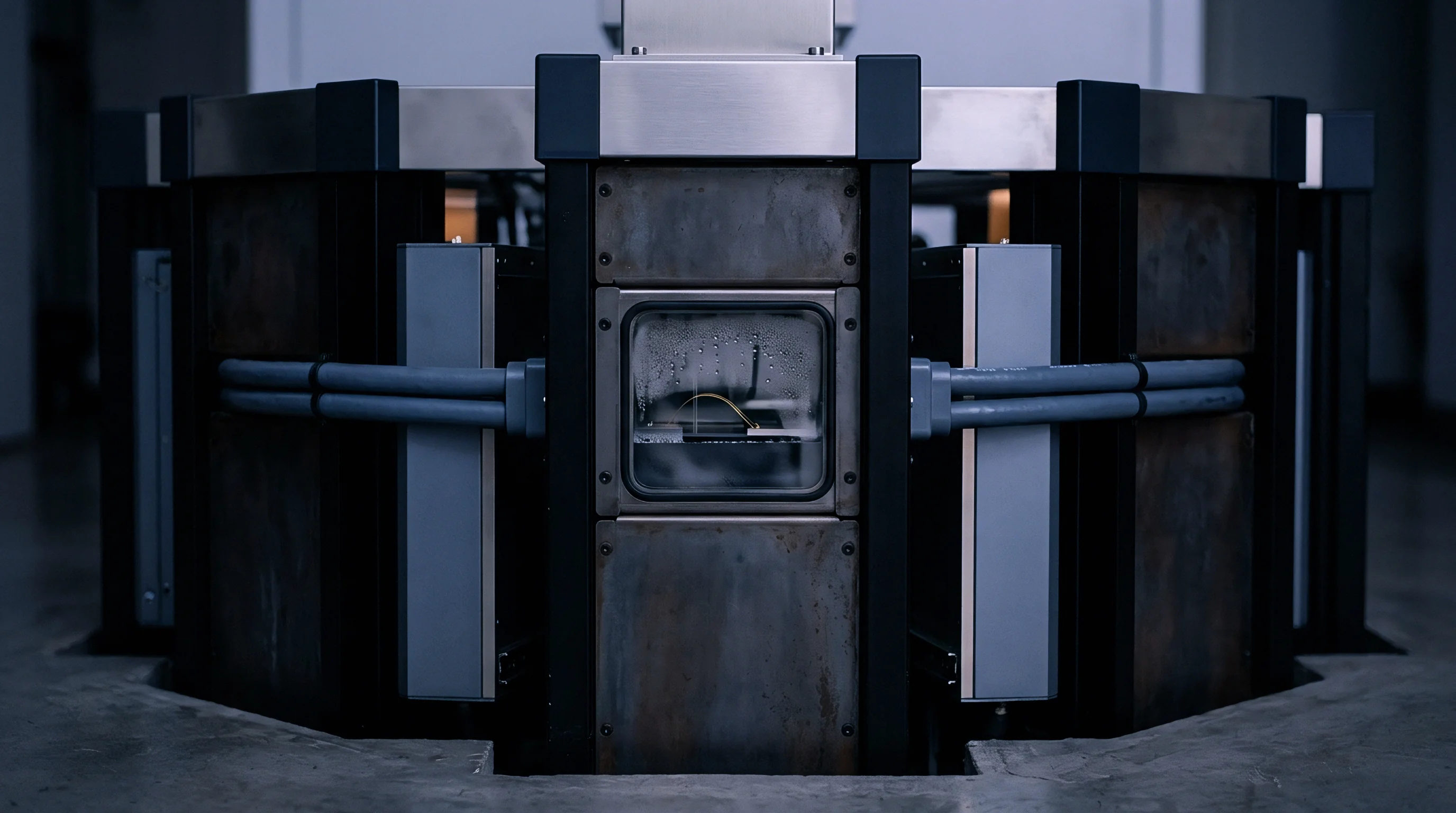 A specialized heavy duty vacuum chamber with metallic panels and thick grey conduits stands recessed within a concrete floor in an industrial production facility.