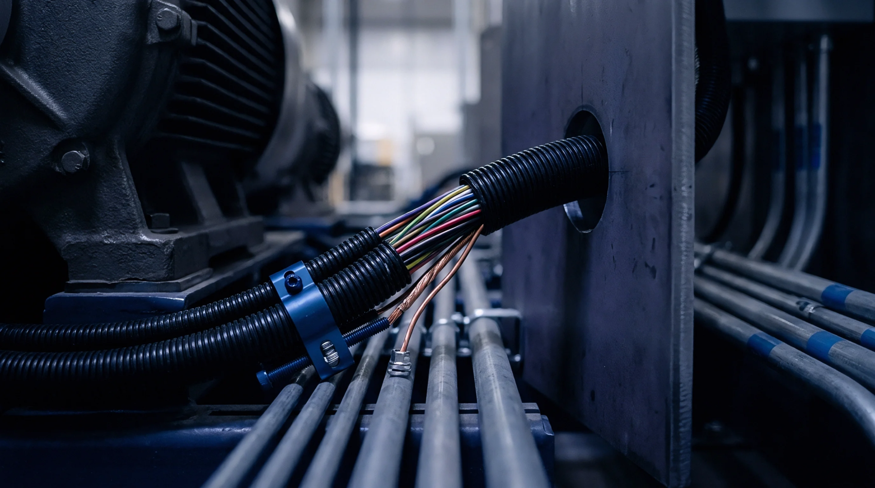 Flexible and rigid electrical conduits route diverse insulated and bare copper wires across an industrial machine and control panel.