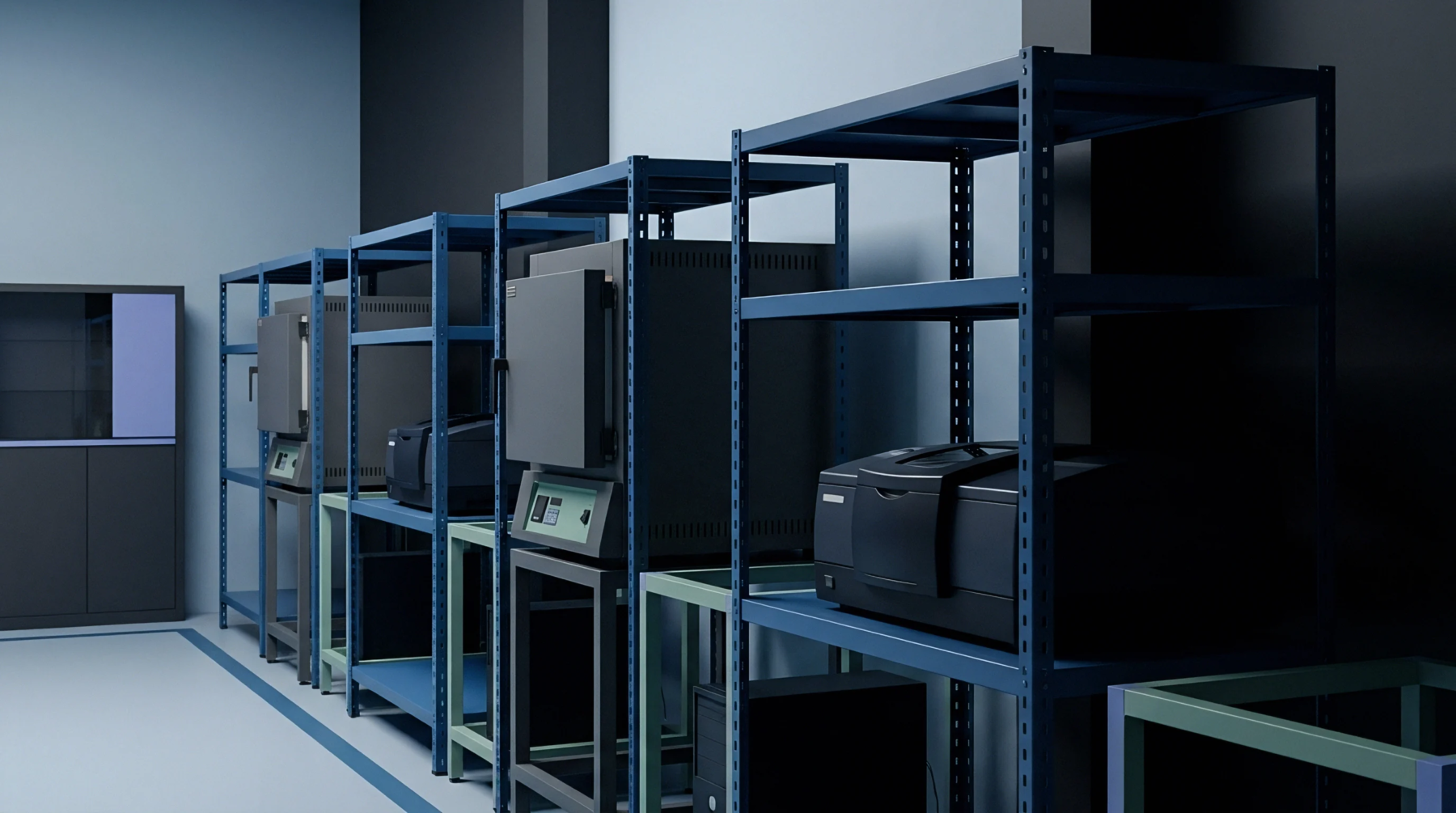 A digital render shows heavy steel industrial shelving units holding thermal ovens inside a clean electronics manufacturing laboratory.