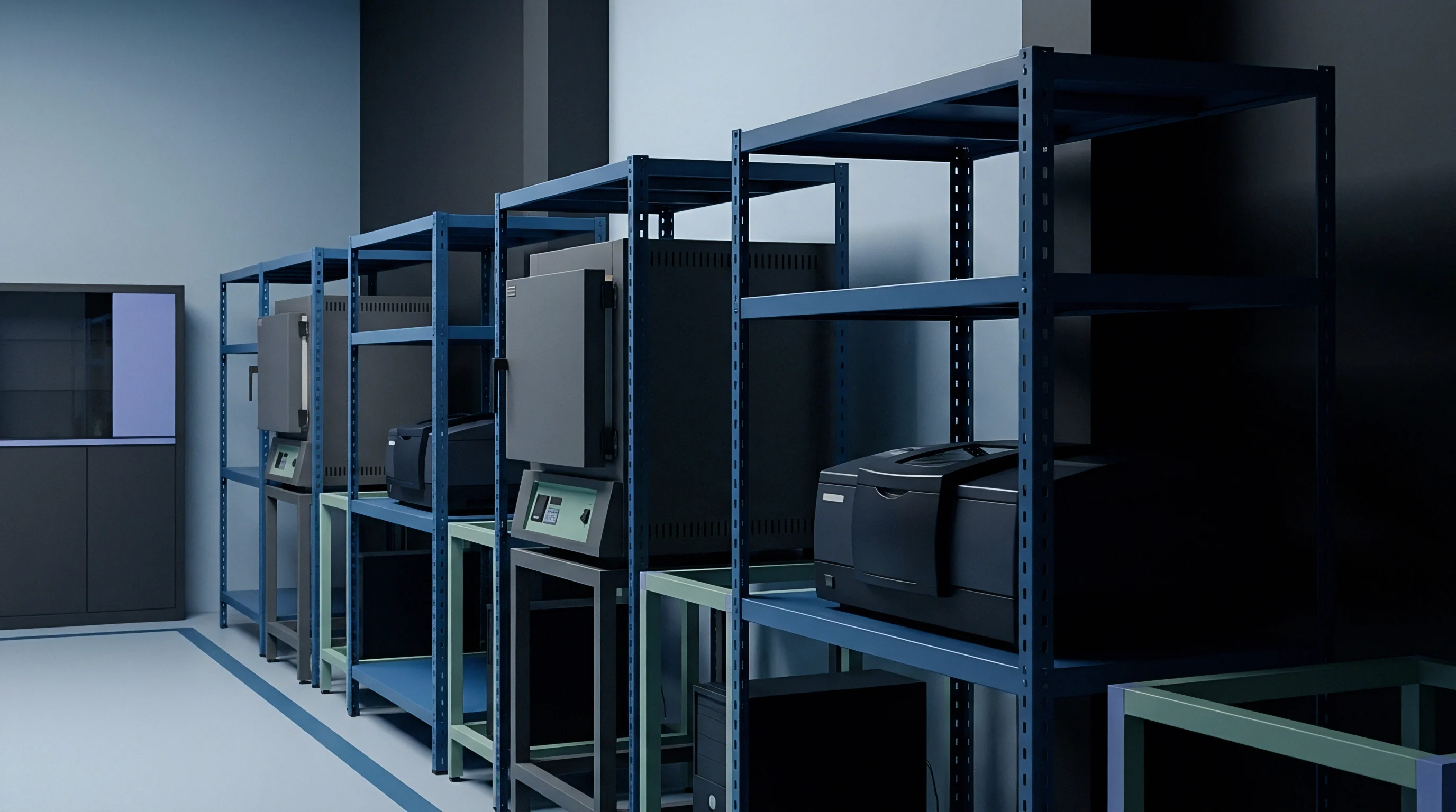 A digital render shows heavy steel industrial shelving units holding thermal ovens inside a clean electronics manufacturing laboratory.