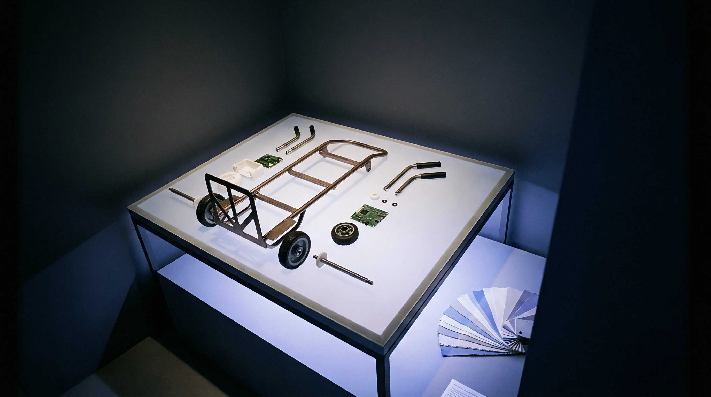 An illuminated display table presents disassembled mechanical frame components alongside printed circuit board assemblies and plastic housings for prototyping.
