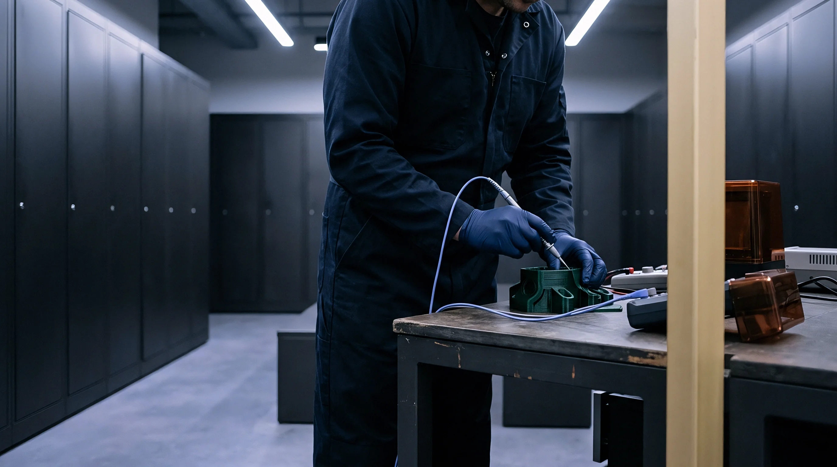 A technician in blue overalls and nitrile gloves uses a precision probe on a green plastic part inside a dark production facility.