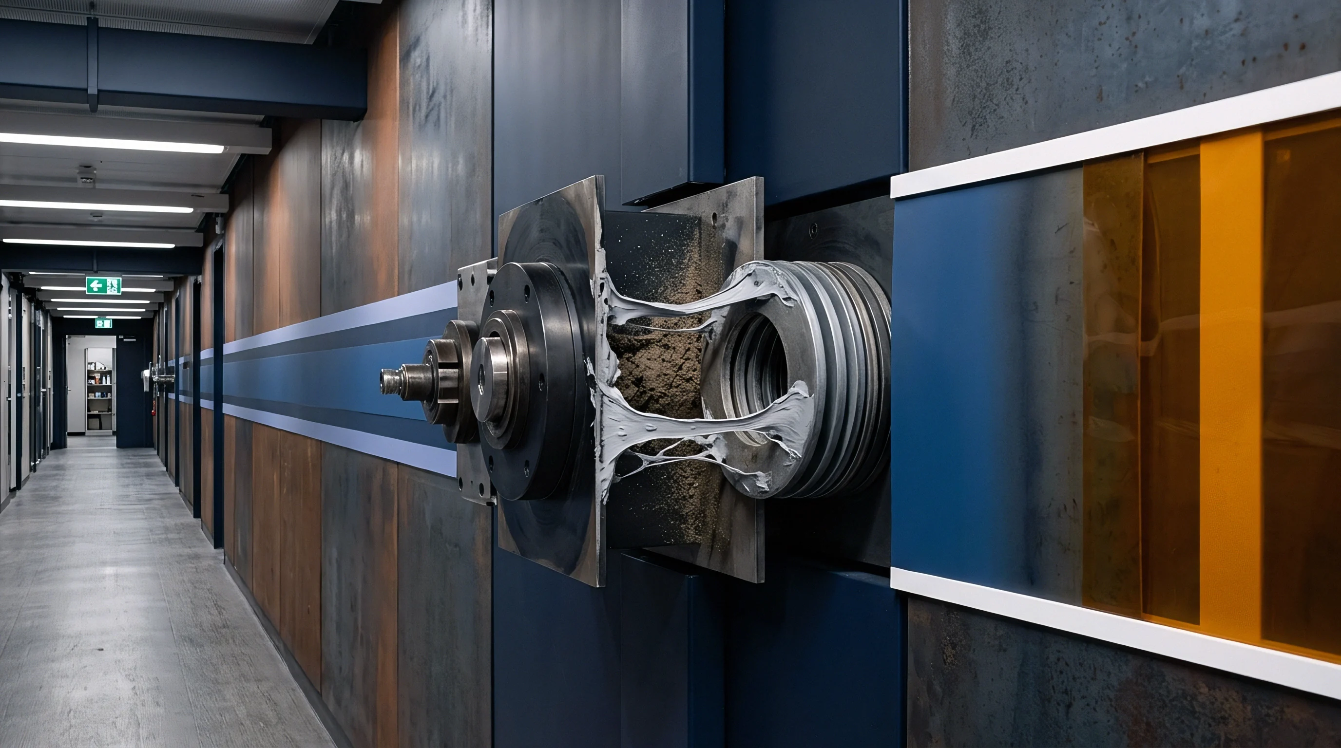 A wall mounted mechanical assembly stretches a viscous grey compound between rotating steel plates along a paneled industrial corridor.