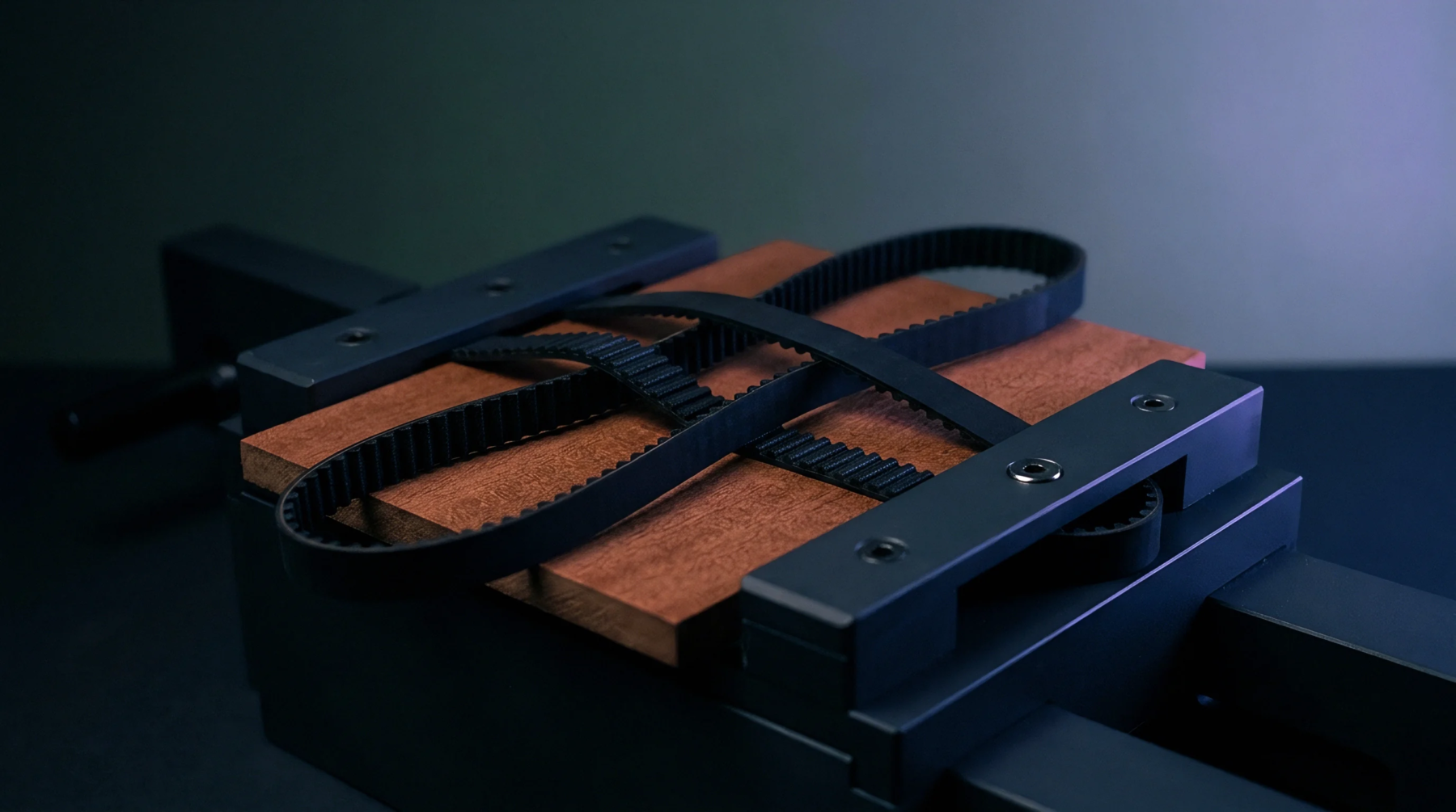 Several flexible toothed synchronous belts lie across a rectangular substrate held firmly within a metal precision clamp on a dark workbench.