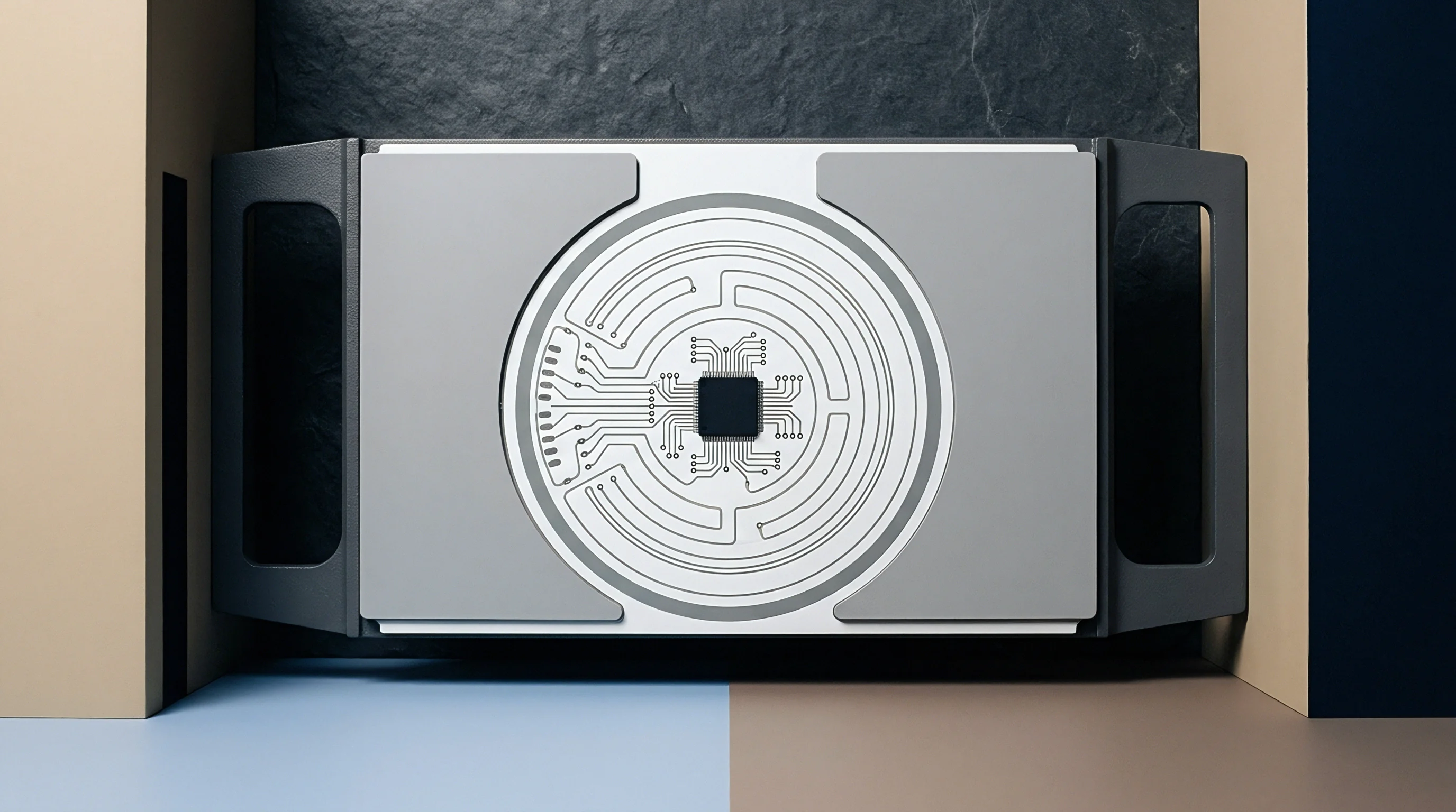 This graphic illustration shows a central square microchip surrounded by complex circular traces resembling a stylized PCB layout against a minimalist setting.