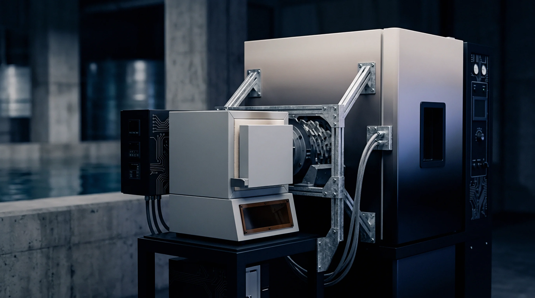 A photorealistic render displays modular industrial equipment designed for electronics manufacturing, featuring interconnected components within a controlled environment.