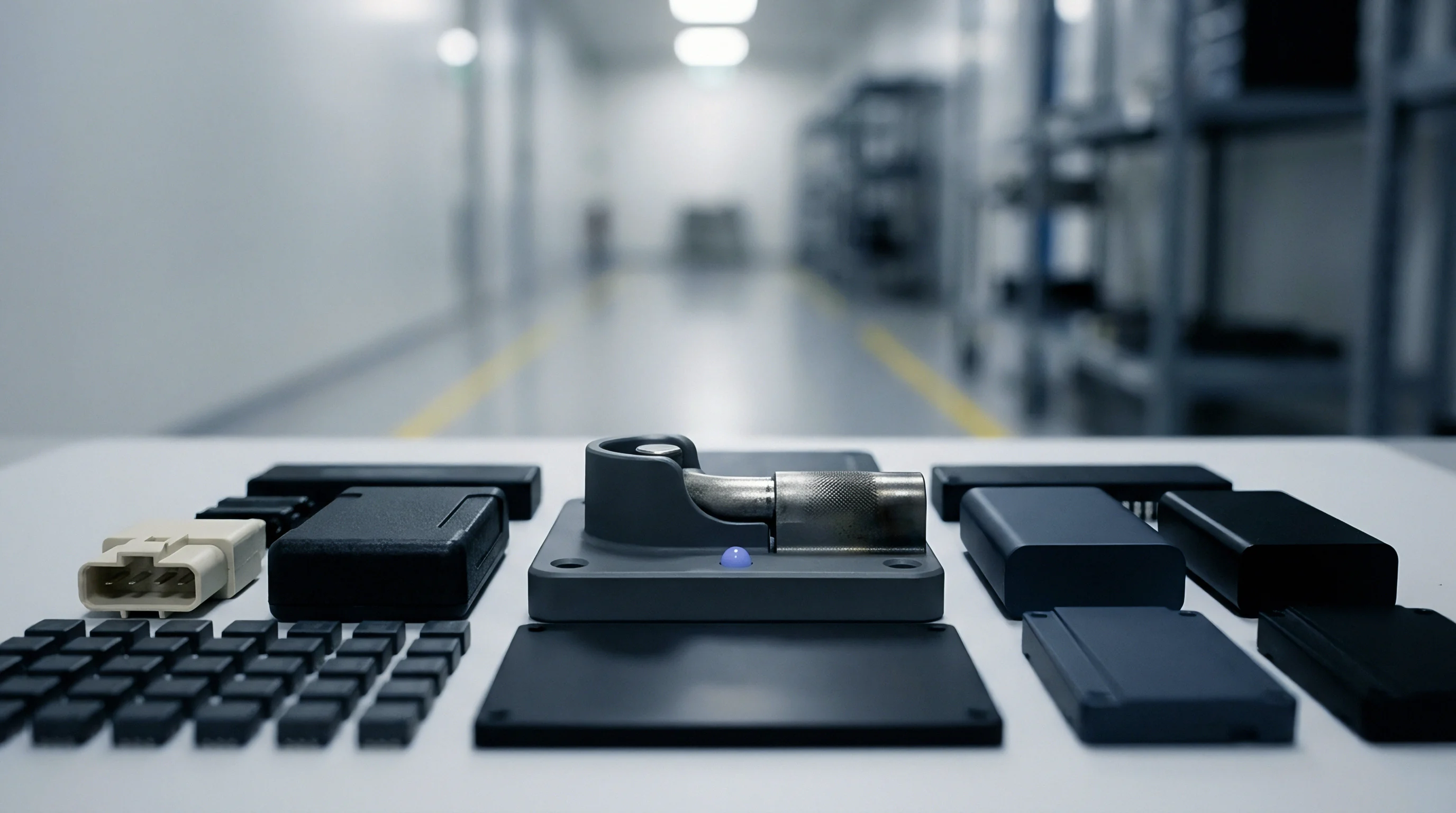Dark electronic component enclosures, a multi-pin connector, and a test fixture are arranged on a white table in a clean manufacturing setting.