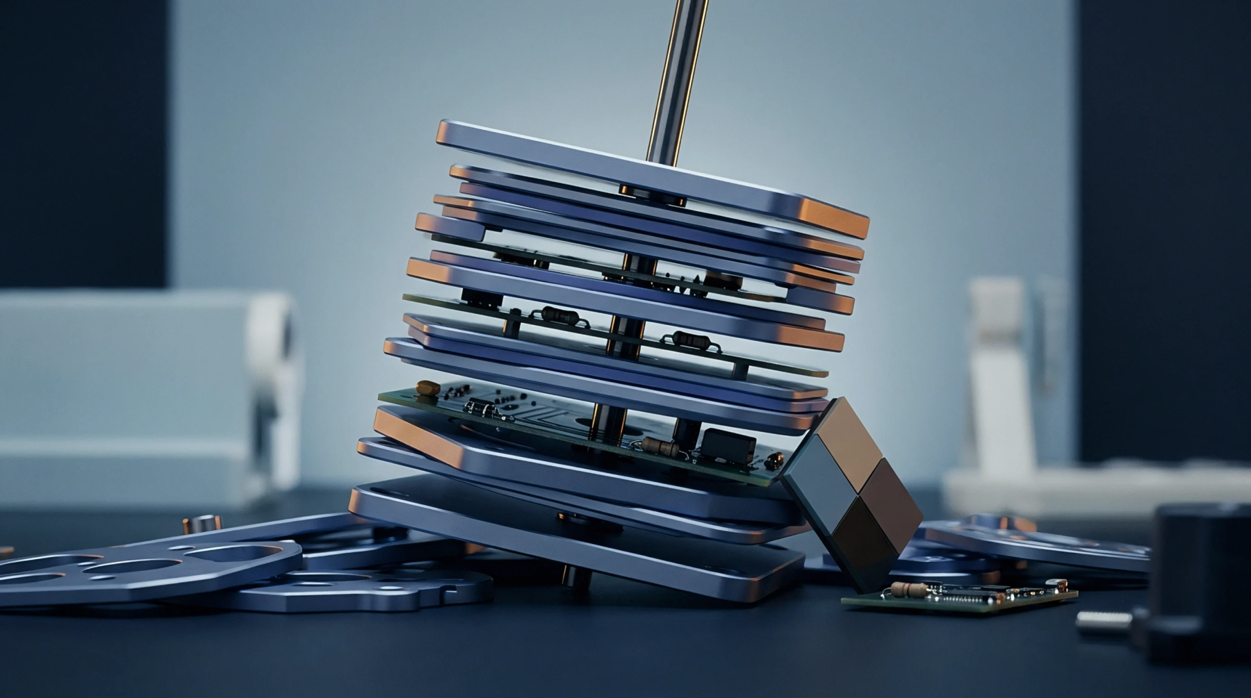 Metallic plates and interleaved electronic components in a computer generated render form a vertical stack on a central guide rod within an industrial testing environment.