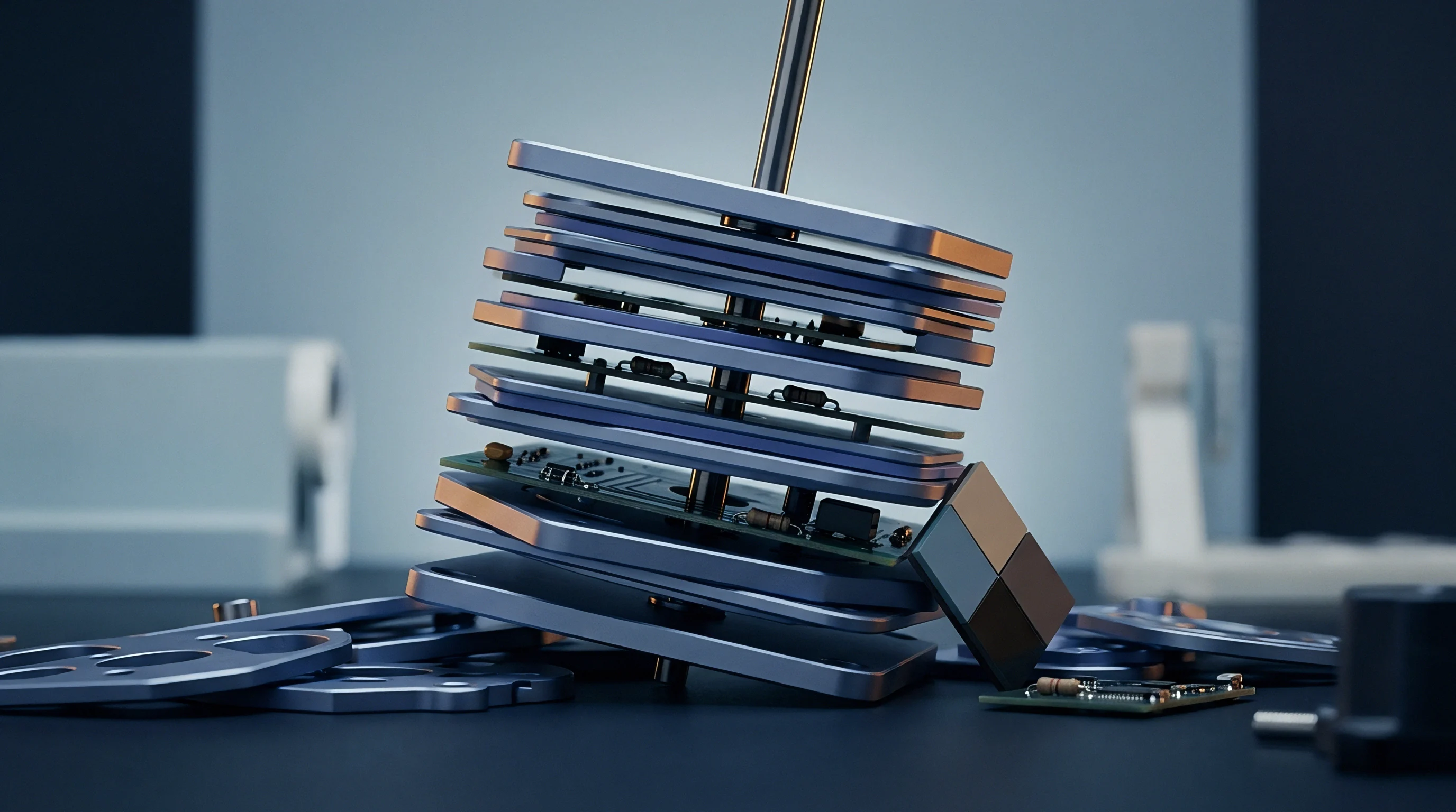 Metallic plates and interleaved electronic components in a computer generated render form a vertical stack on a central guide rod within an industrial testing environment.