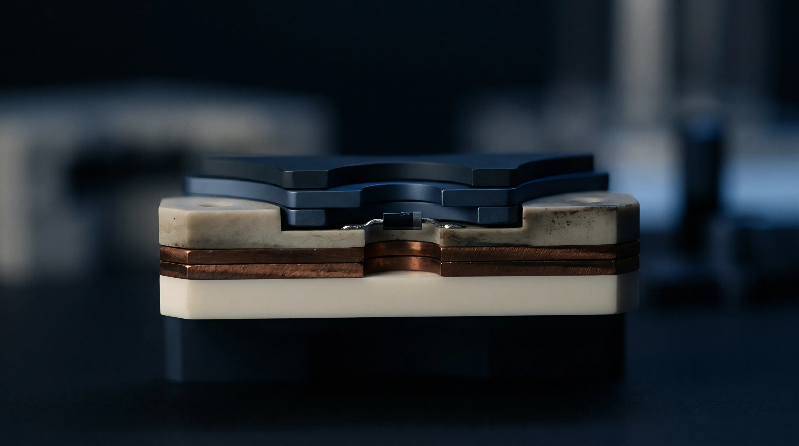 A diode rests between metal plates and ceramic spacers within a multi layered fixture used for testing electronic component mechanical integrity.