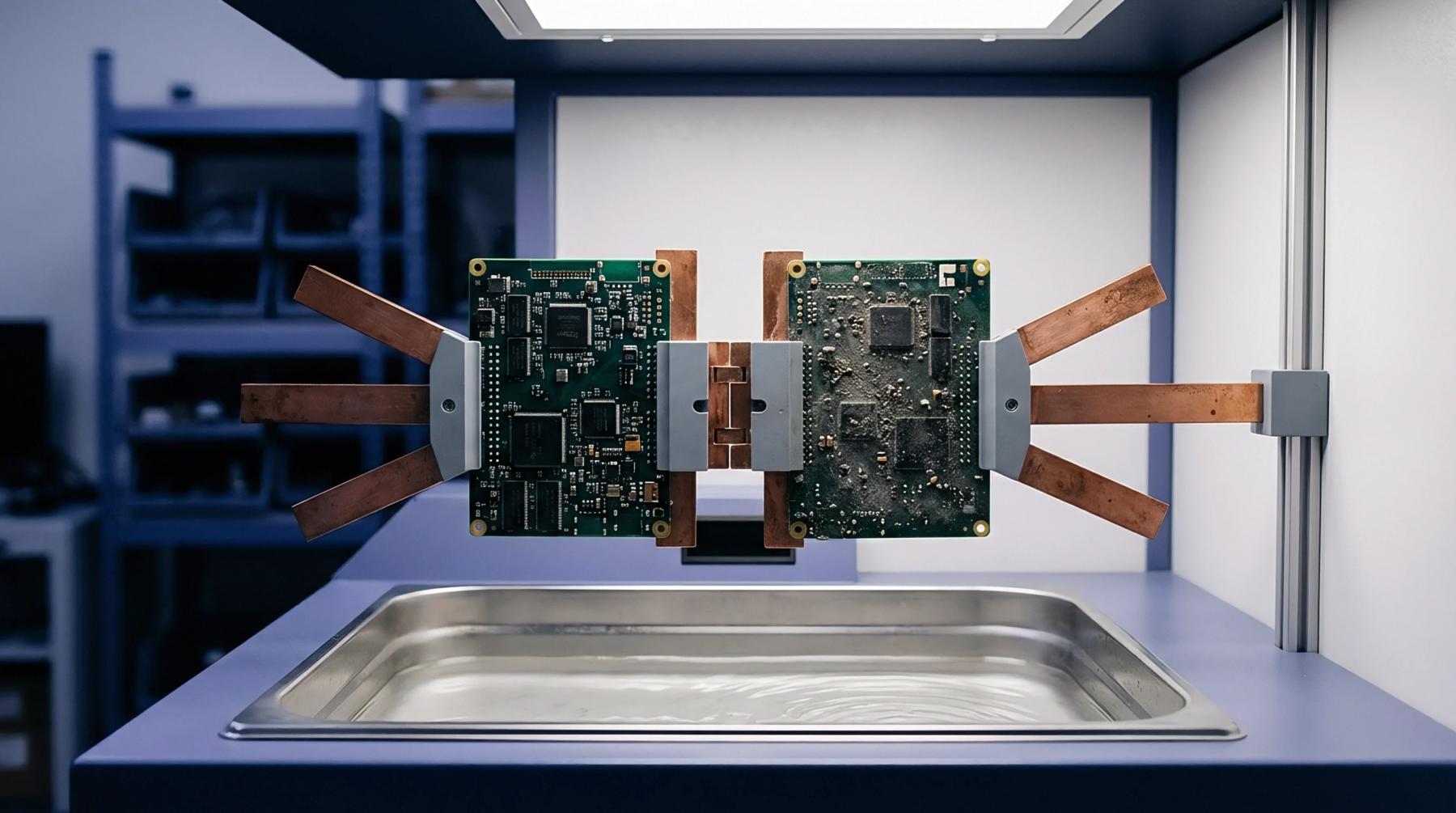 Two printed circuit boards mounted on copper brackets hang suspended above an empty stainless steel basin in a laboratory environment.
