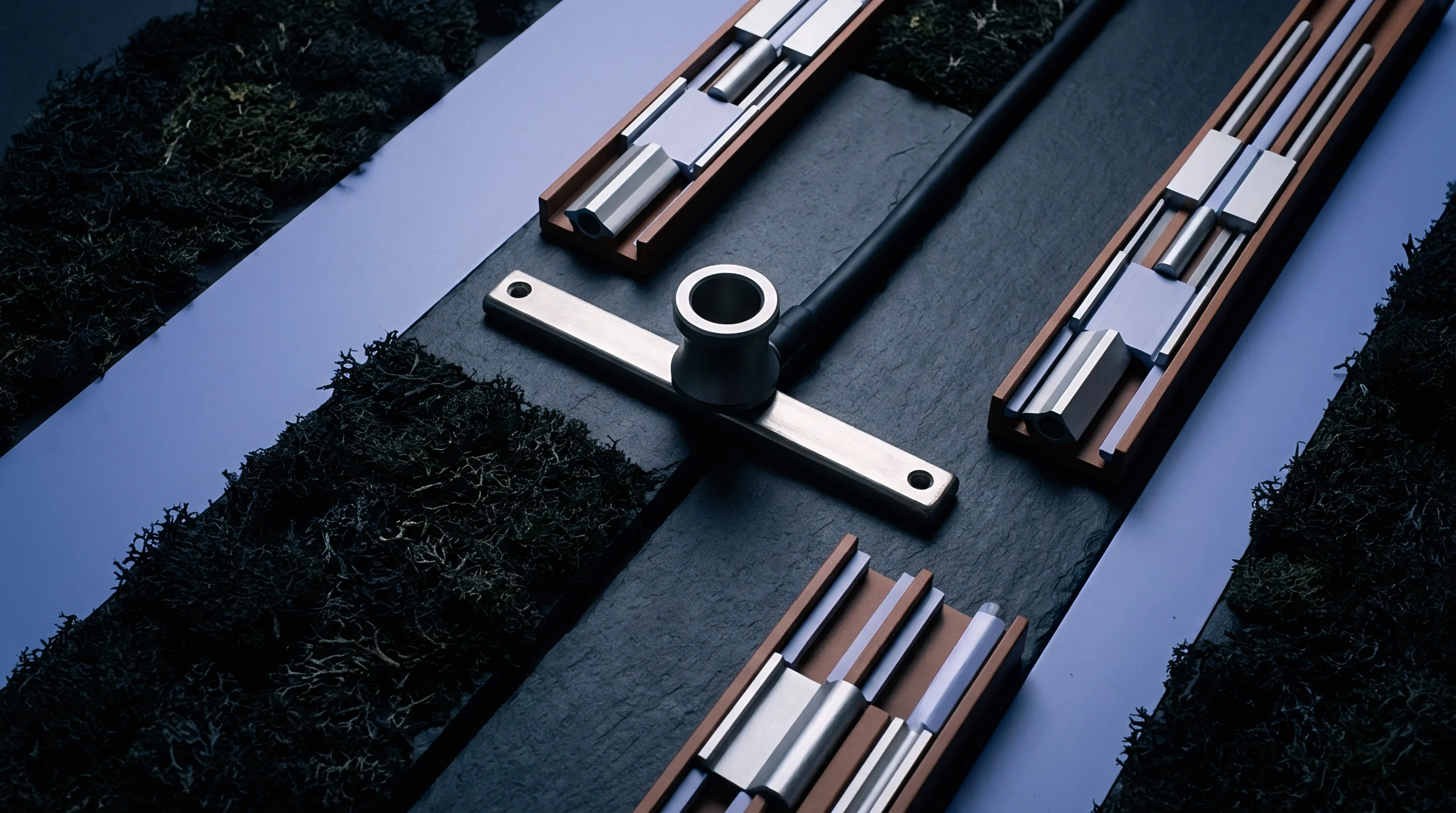 Machined aluminum placement nozzles and linear feeder modules rest on a dark slate plate flanked by purple guide tracks.