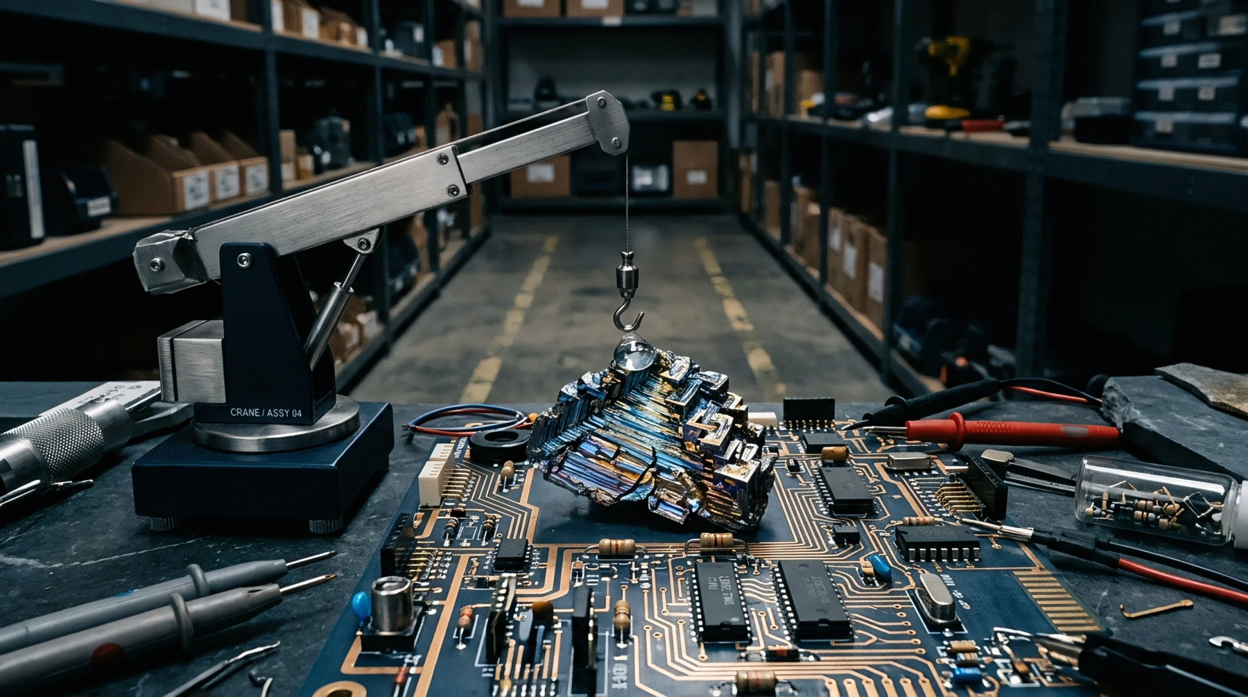 A faceted, iridescent bismuth crystal is delicately suspended by a miniature crane over a populated printed circuit board in a workshop setting.