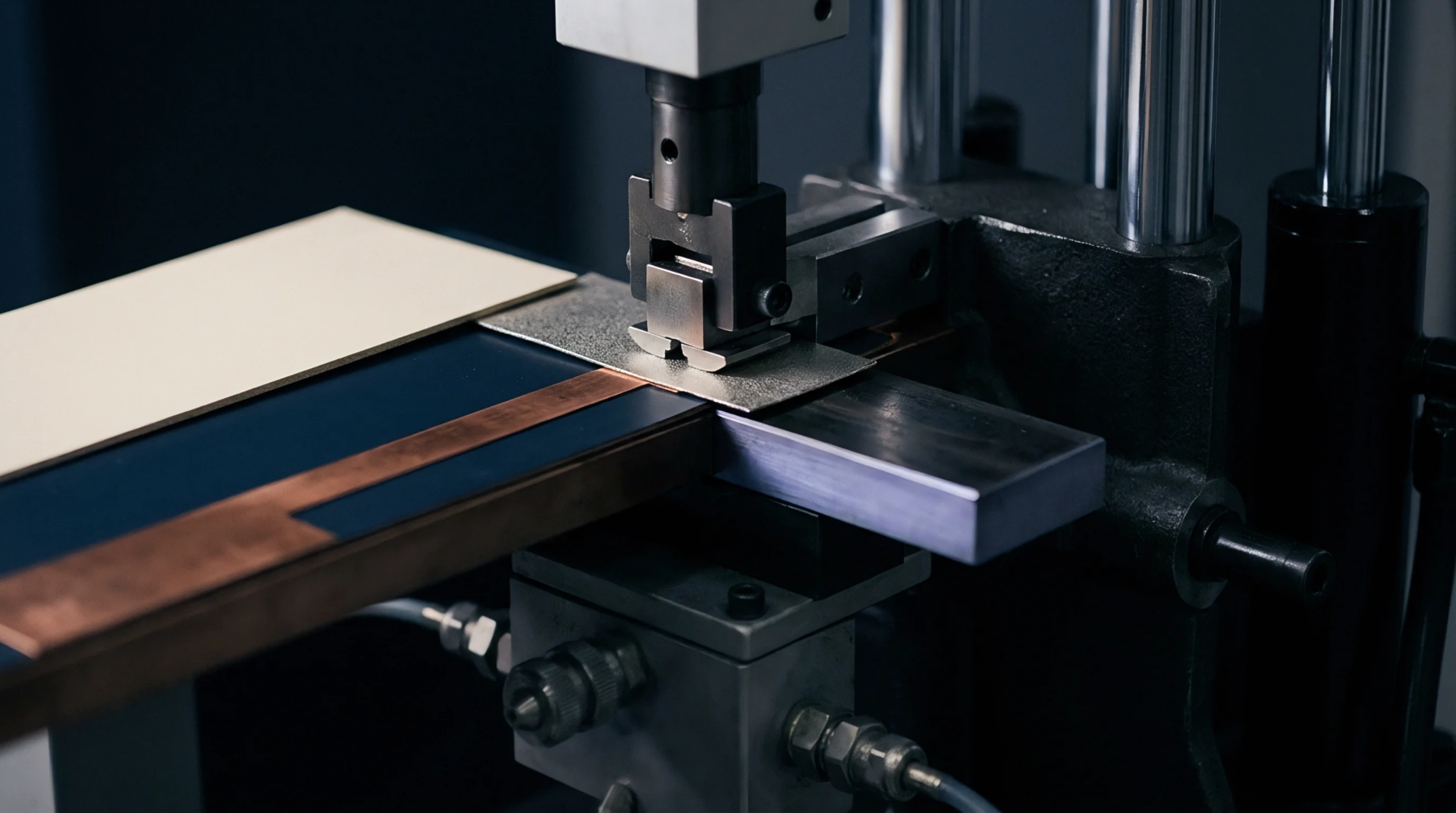 A machine die tool precisely forms a thin metallic sheet onto a darker substrate alongside a copper conductor strip.