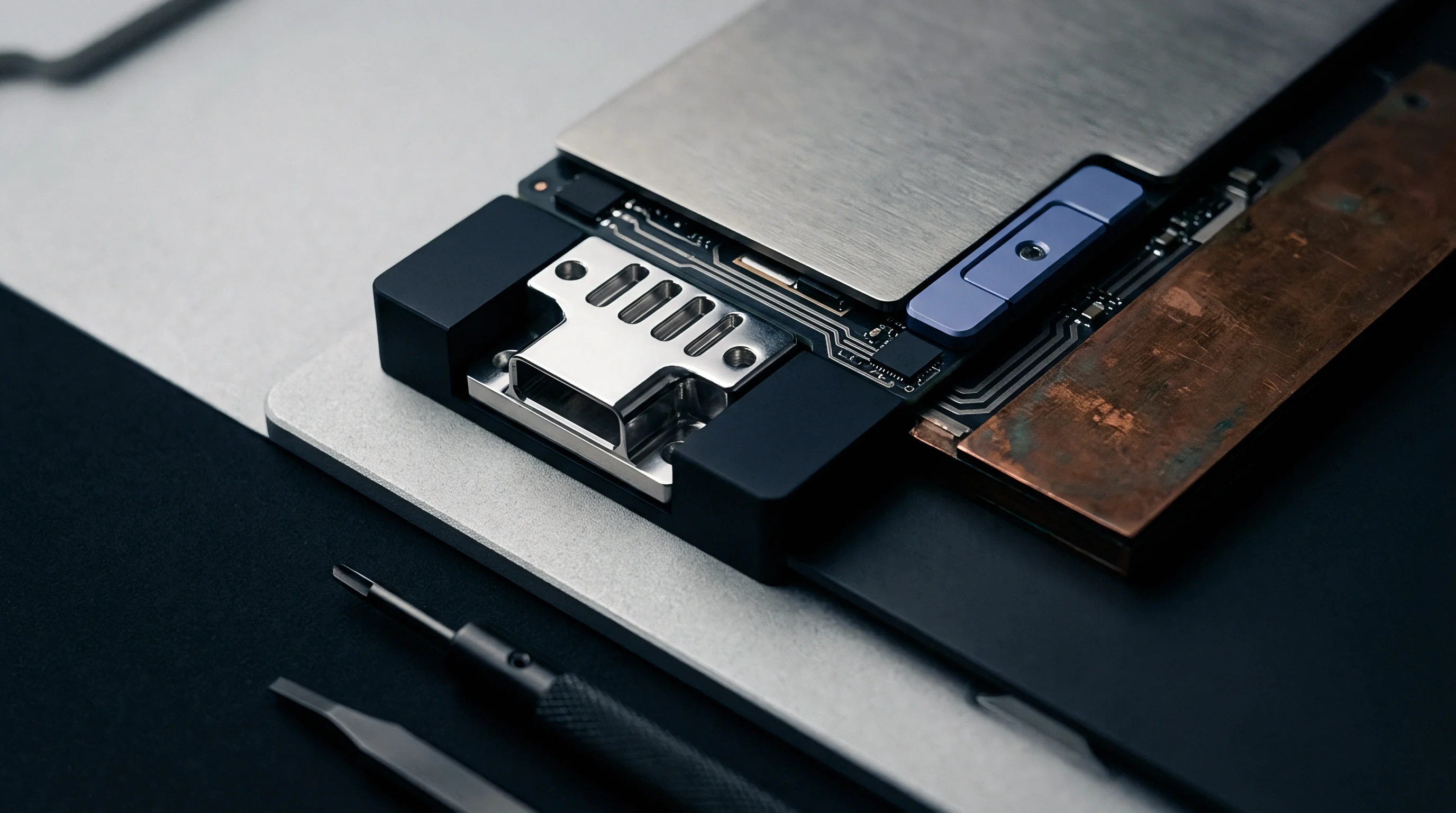 A metallic thermal heat sink attaches to a printed circuit board module while precision manual assembly tools rest on the workspace surface nearby.