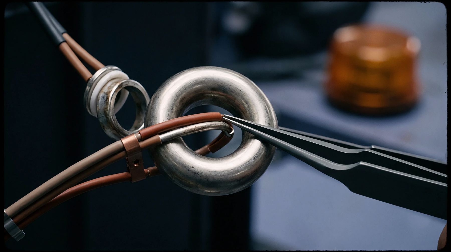 Metal tweezers guide a brown insulated wire through a polished steel toroidal ring beside a small coaxial connector assembly during production.