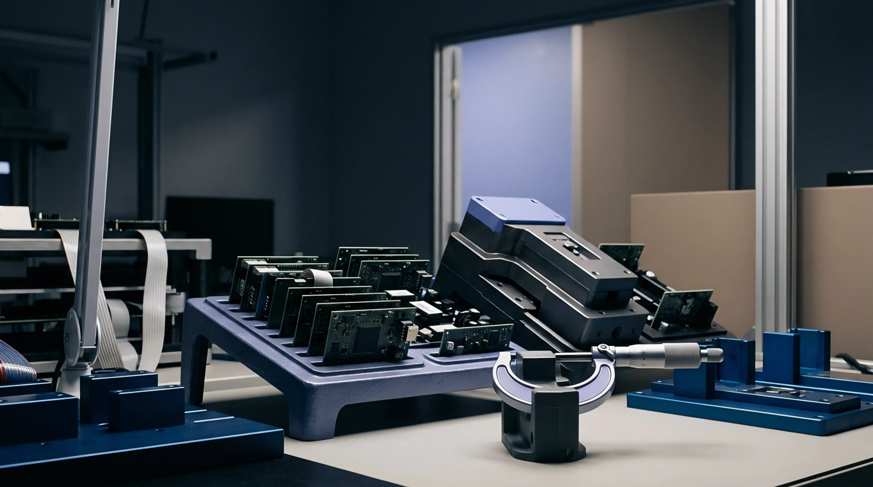A rack holding several printed circuit boards sits on a workbench beside a micrometer and specialized assembly or inspection hardware for electronic manufacturing verification.