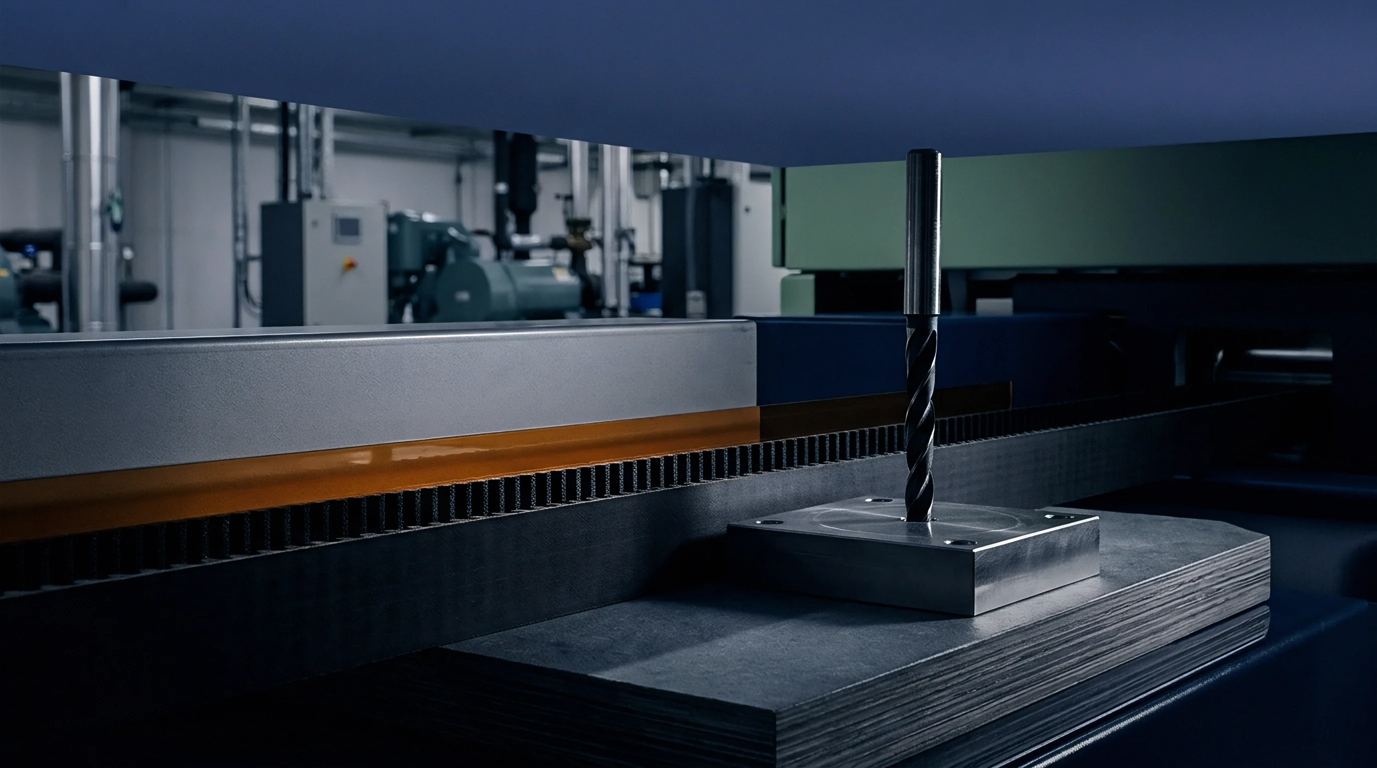 Precision steel sheets rest beneath a vertical carbide drill bit mounted on an industrial production line housing drive belts.