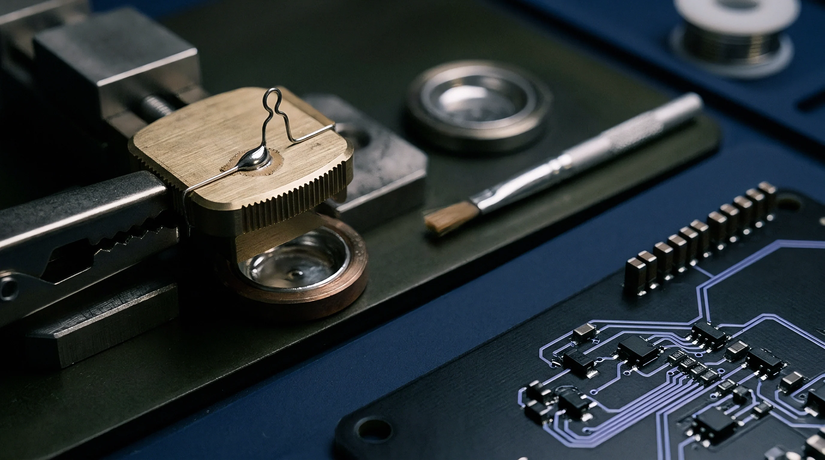 A brass clamping fixture holds a shaped wire with a melted metal alloy bead beside an assembled black circuit board on a dark workstation.