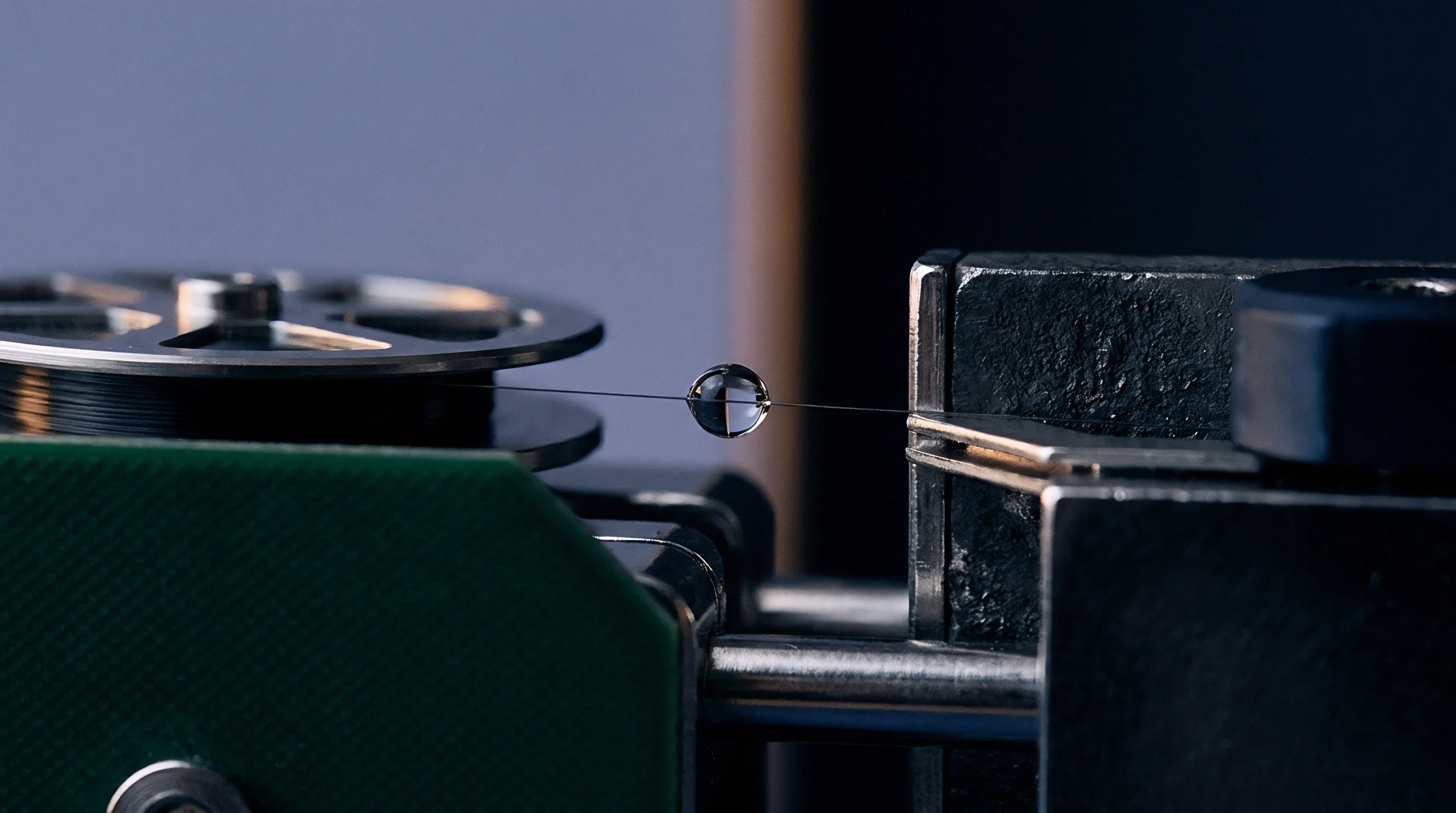 A single liquid droplet clings to a thin metal wire stretched horizontally between a spooling mechanism and a laboratory fixture.