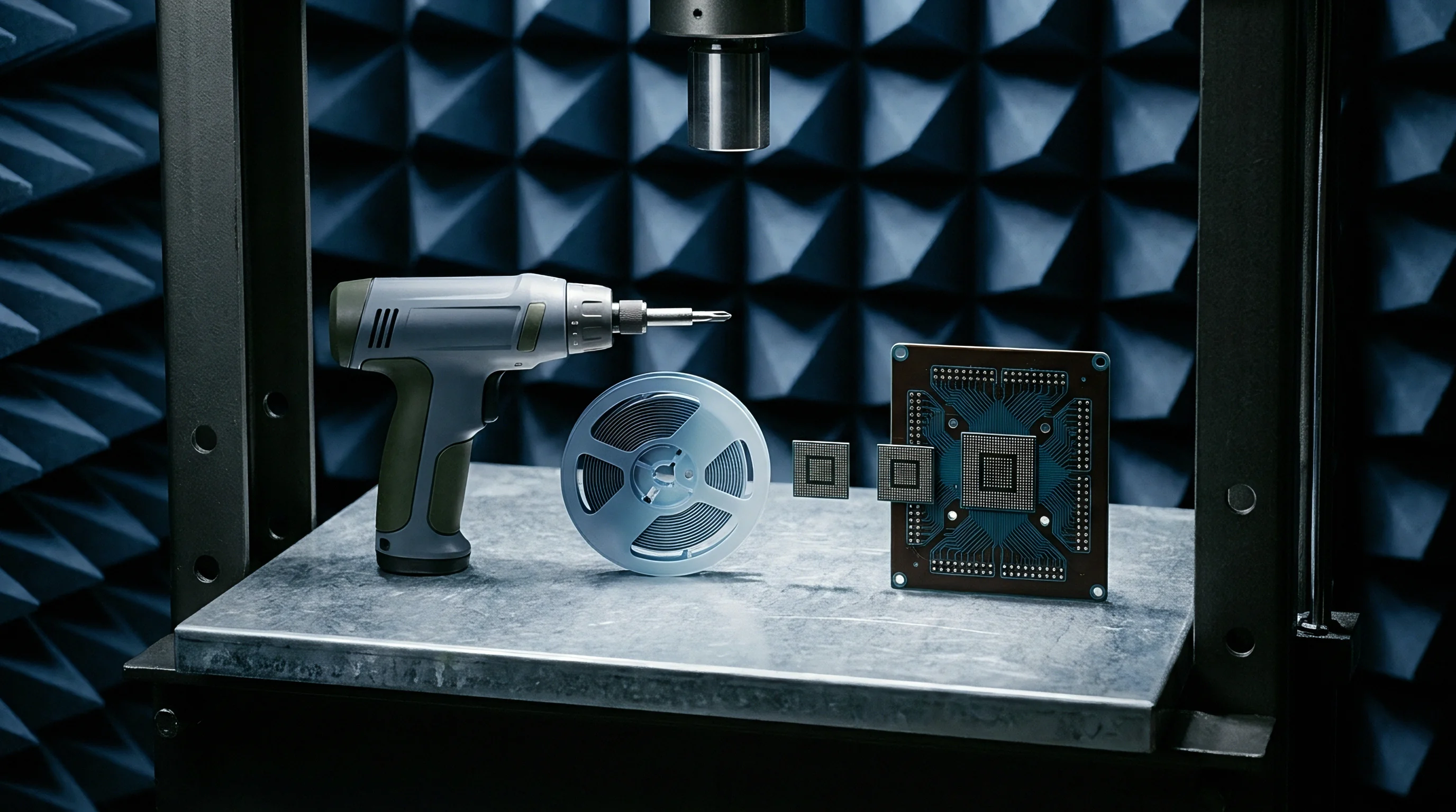 A cordless drill, component reel, and surface mount devices are arranged on a metal surface before an acoustic foam wall and testing machinery.