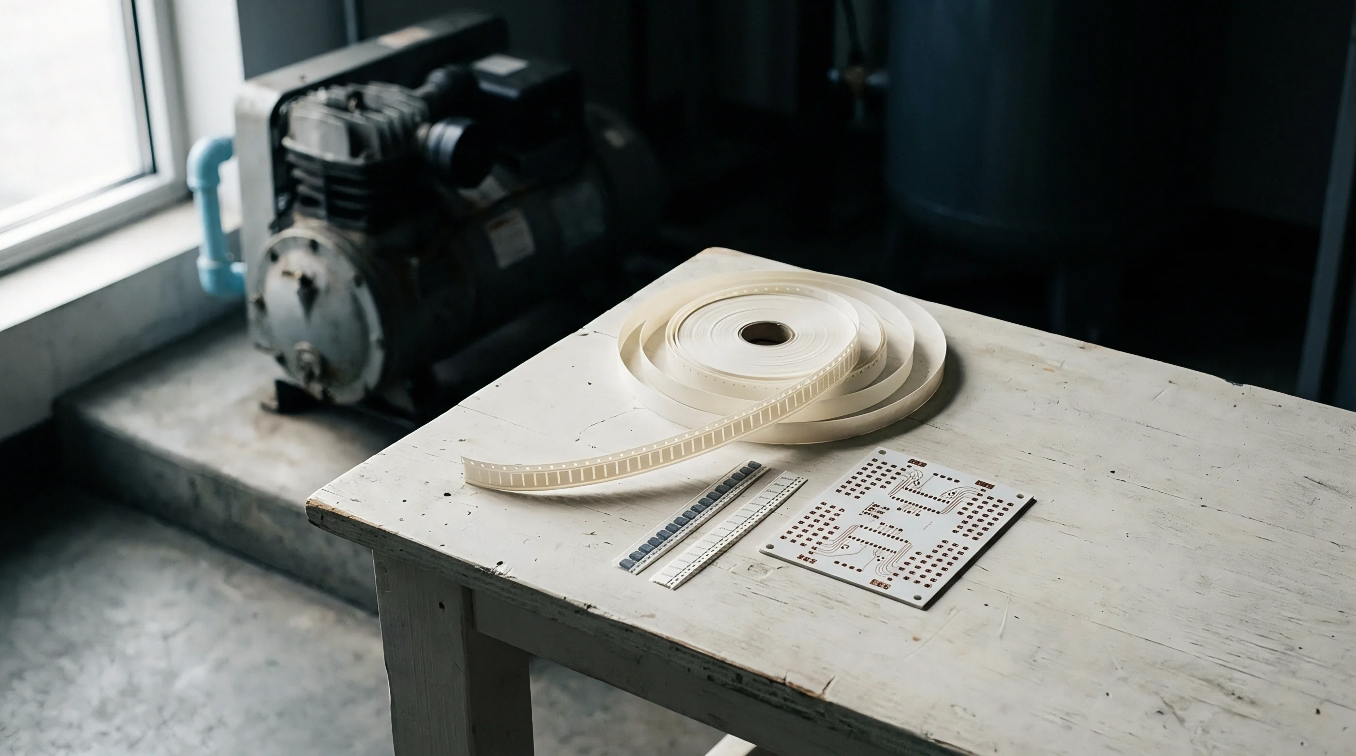 SMT components on a carrier tape reel and an unpopulated printed circuit board rest on a workbench inside a manufacturing facility.