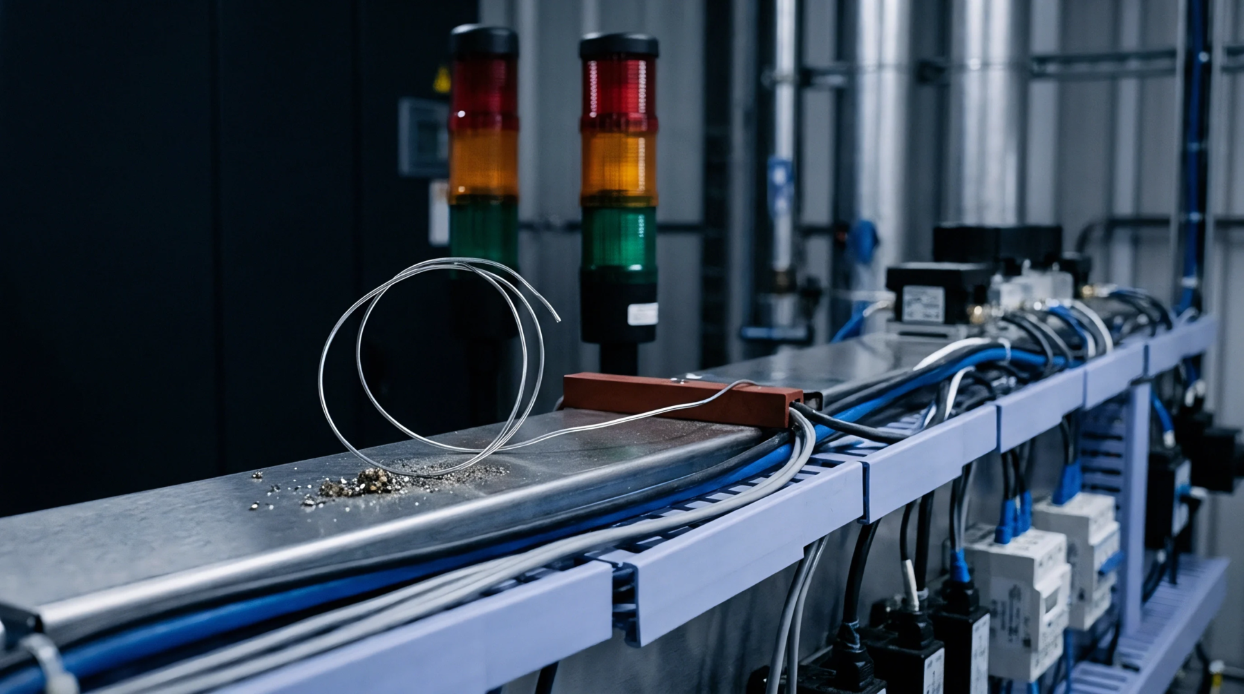 Loose metallic filament and debris resting on an industrial control cabinet surface signifies potential contamination in an electronic manufacturing environment.