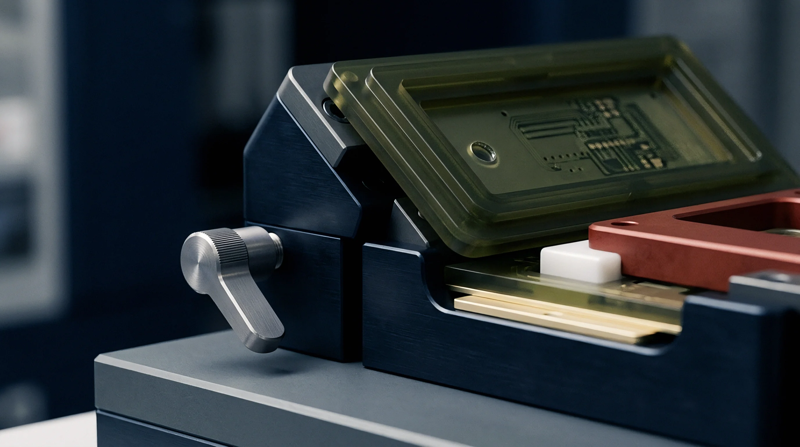A precision testing fixture secures an electronic substrate beneath a transparent amber lid within an industrial electronics production environment.